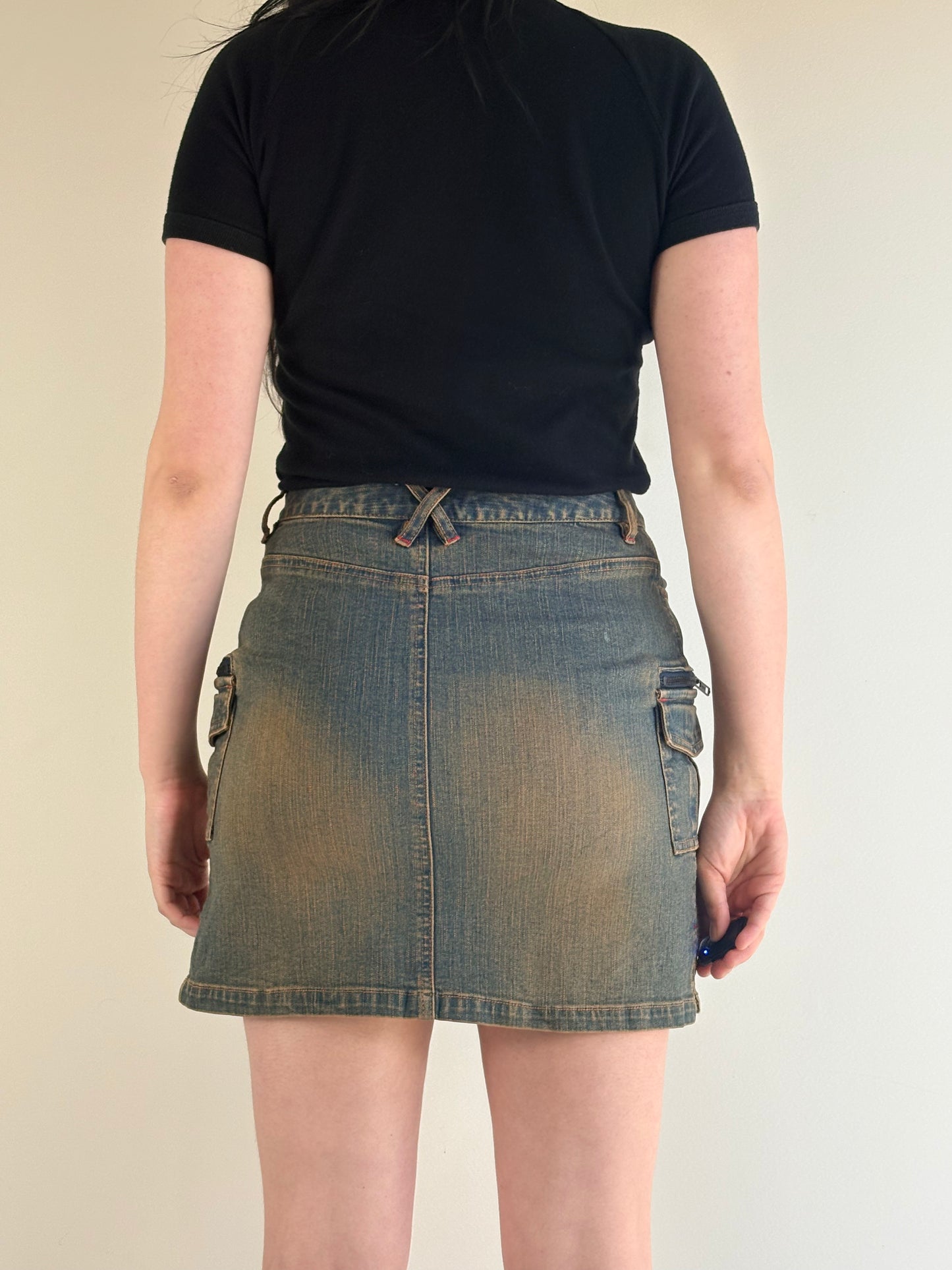 Brown Acid Wash Denim Cargo Mini Skirt