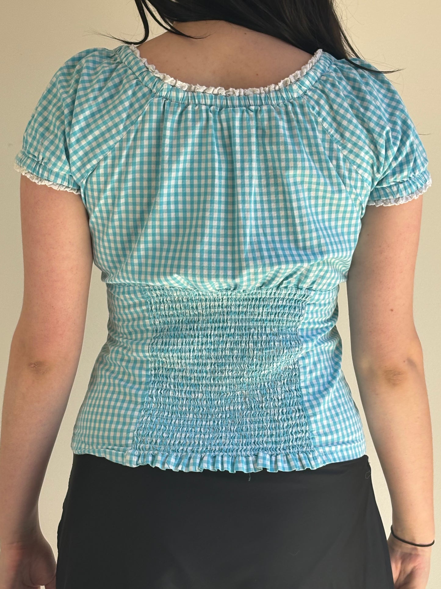 Aqua Checkered Milkmaid Top