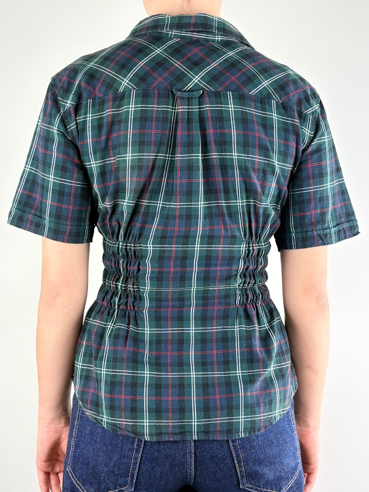 Dark Green Plaid Ruched Top