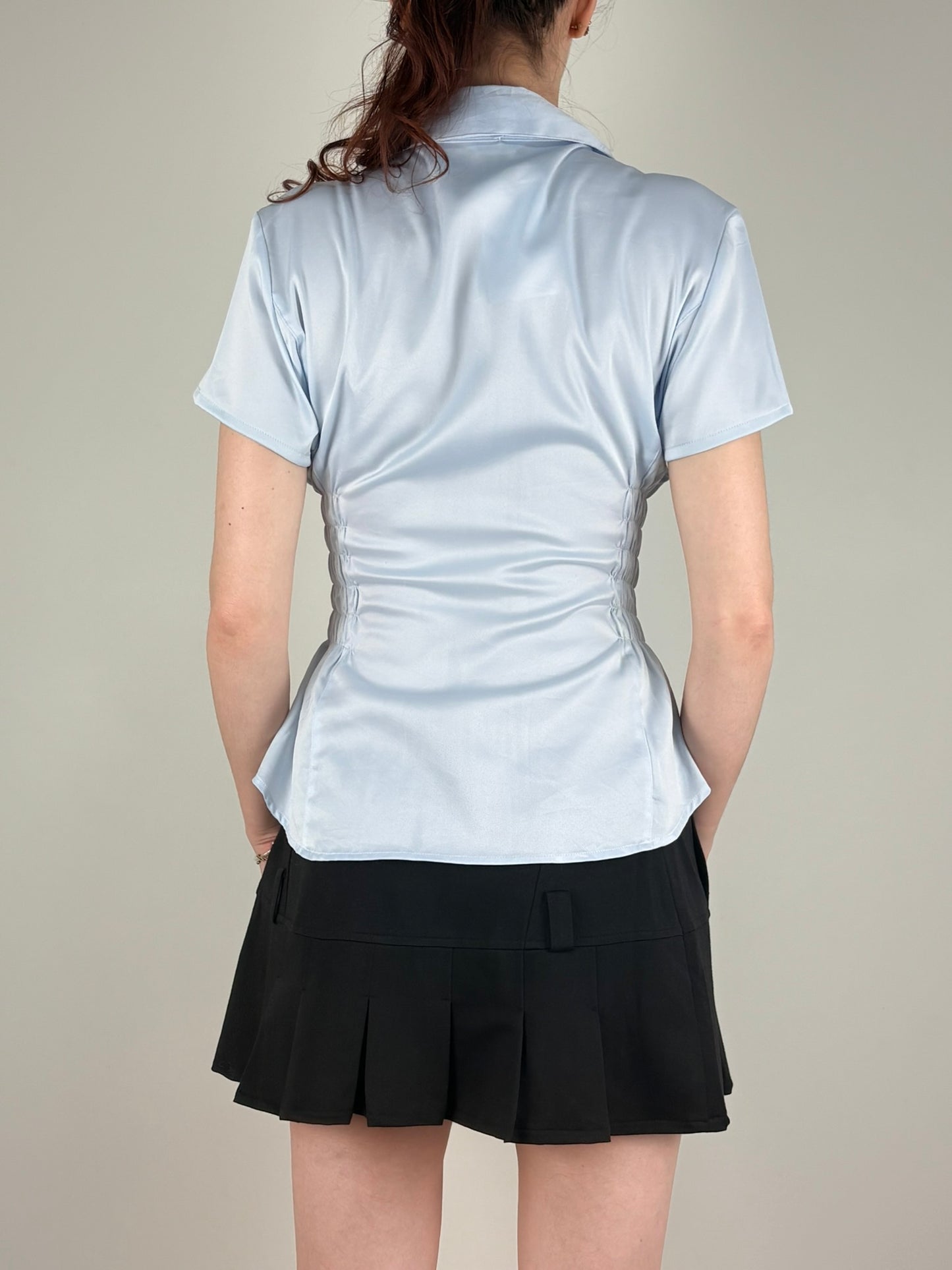 Baby Blue Satin Ruched Top
