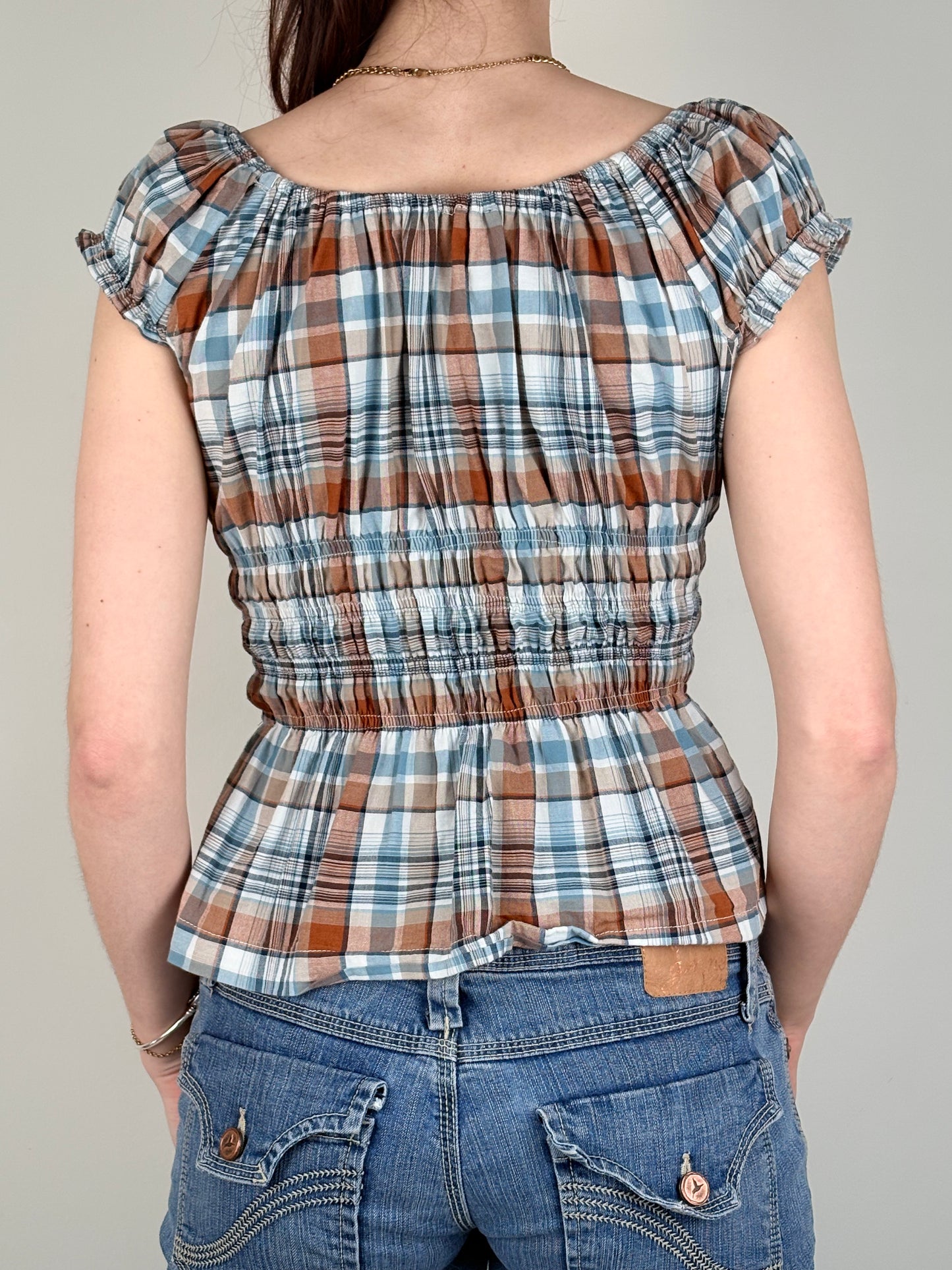 Upcycled Plaid Milkmaid Top
