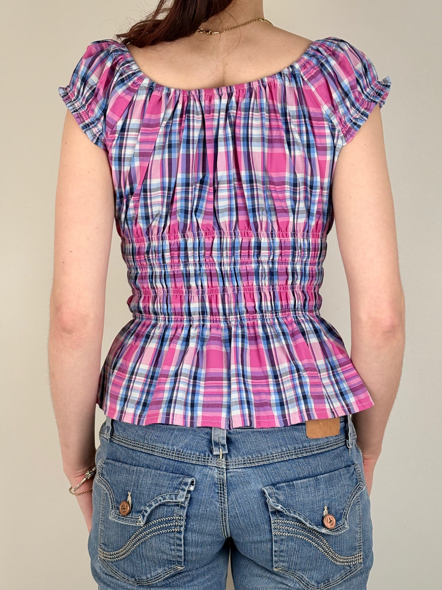Upcycled Pink and Blue Plaid Milkmaid Top