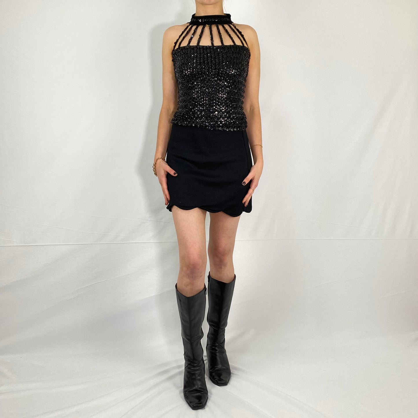 BLACK BEADED MOCKNECK TOP