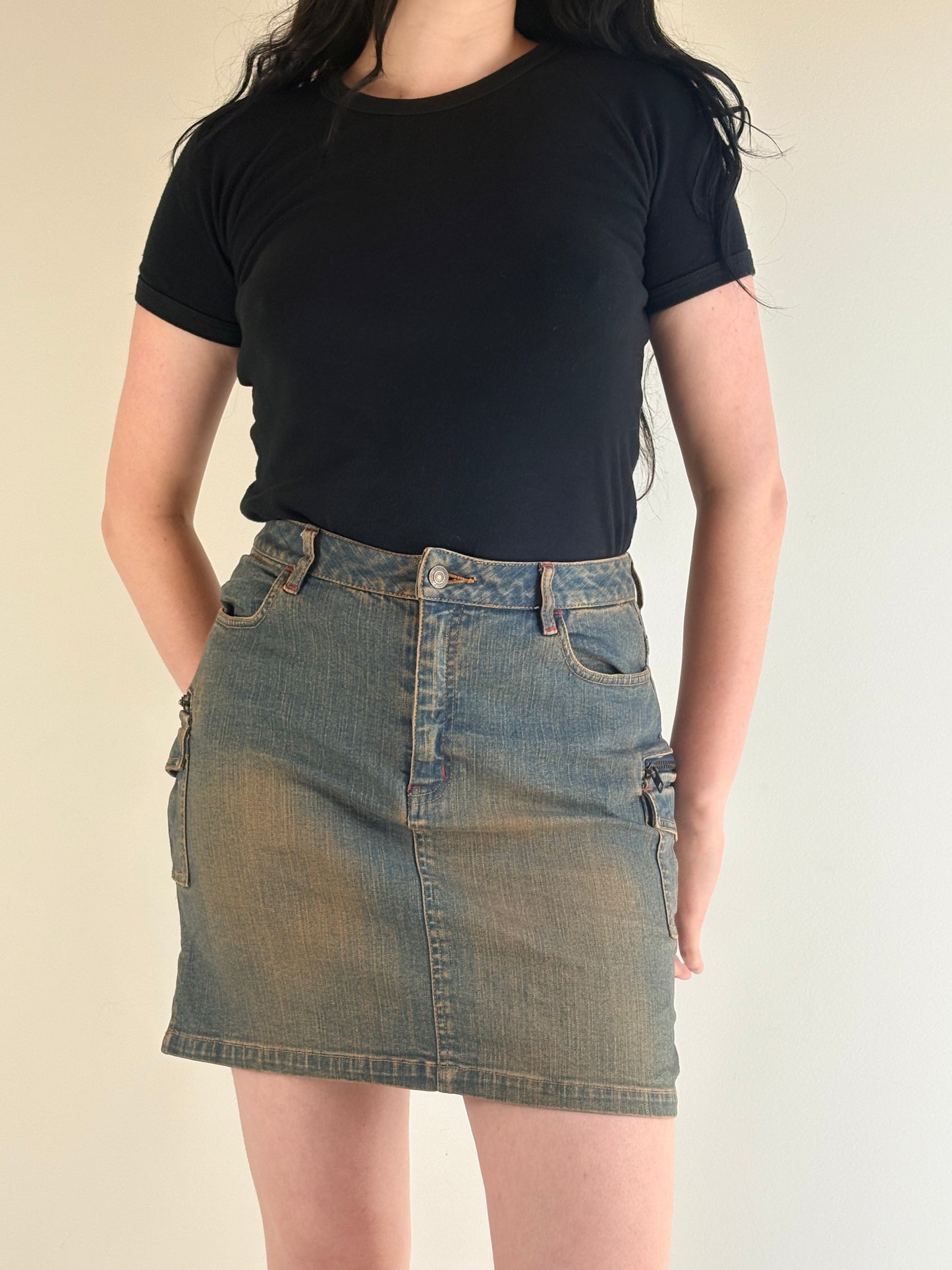 Brown Acid Wash Denim Cargo Mini Skirt