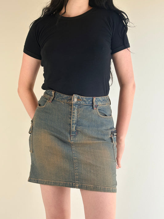 Brown Acid Wash Denim Cargo Mini Skirt