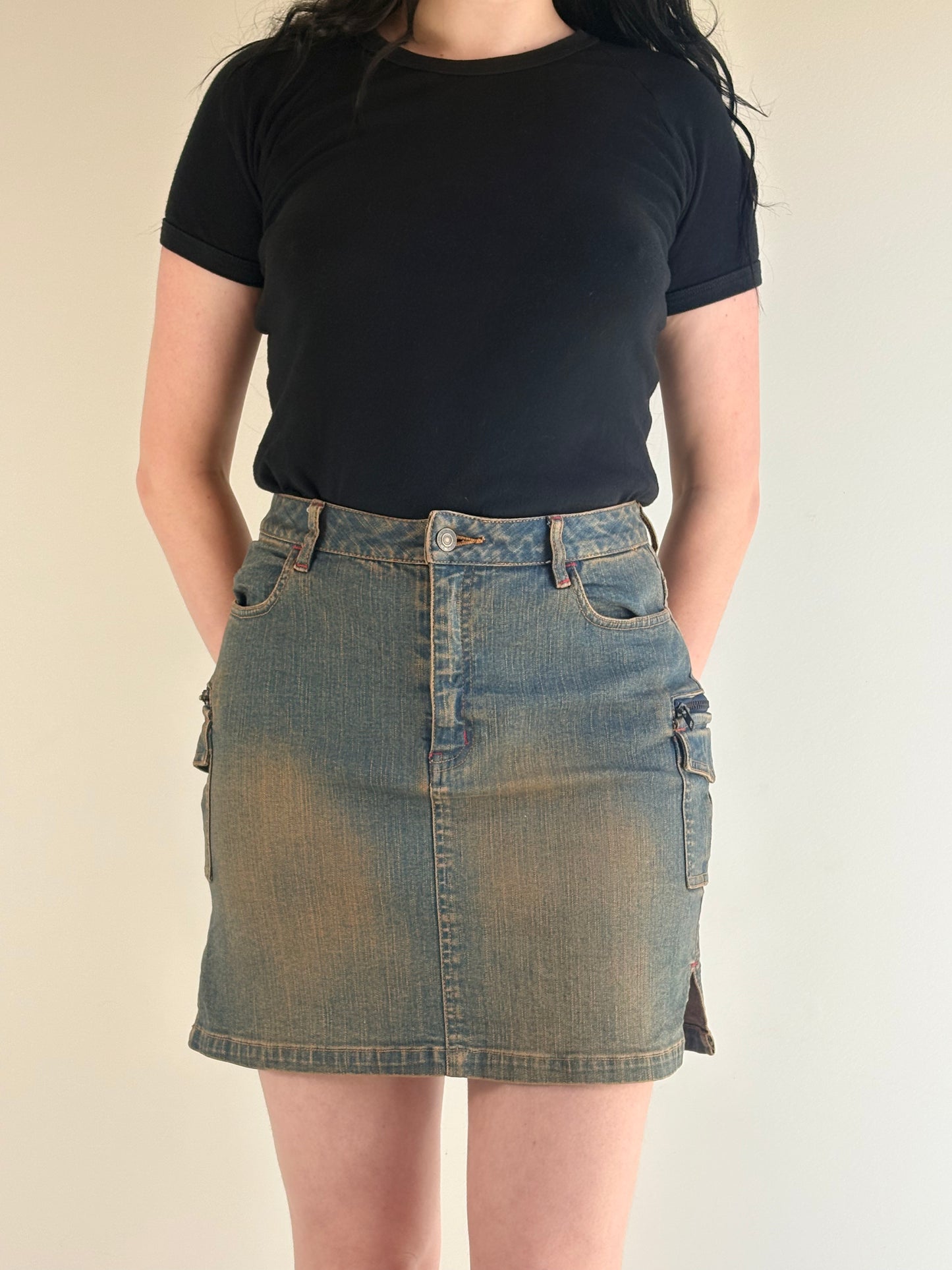 Brown Acid Wash Denim Cargo Mini Skirt