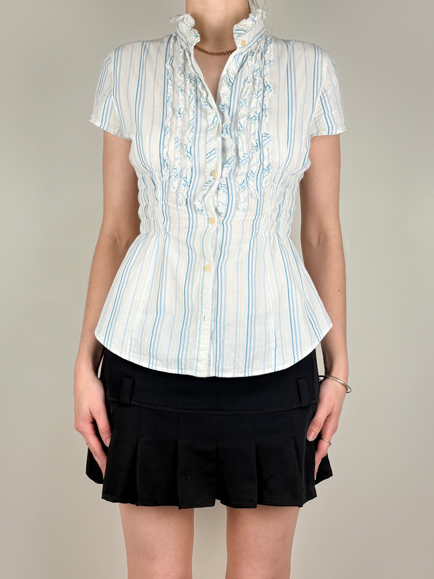 White Blue Stripped Ruched Top