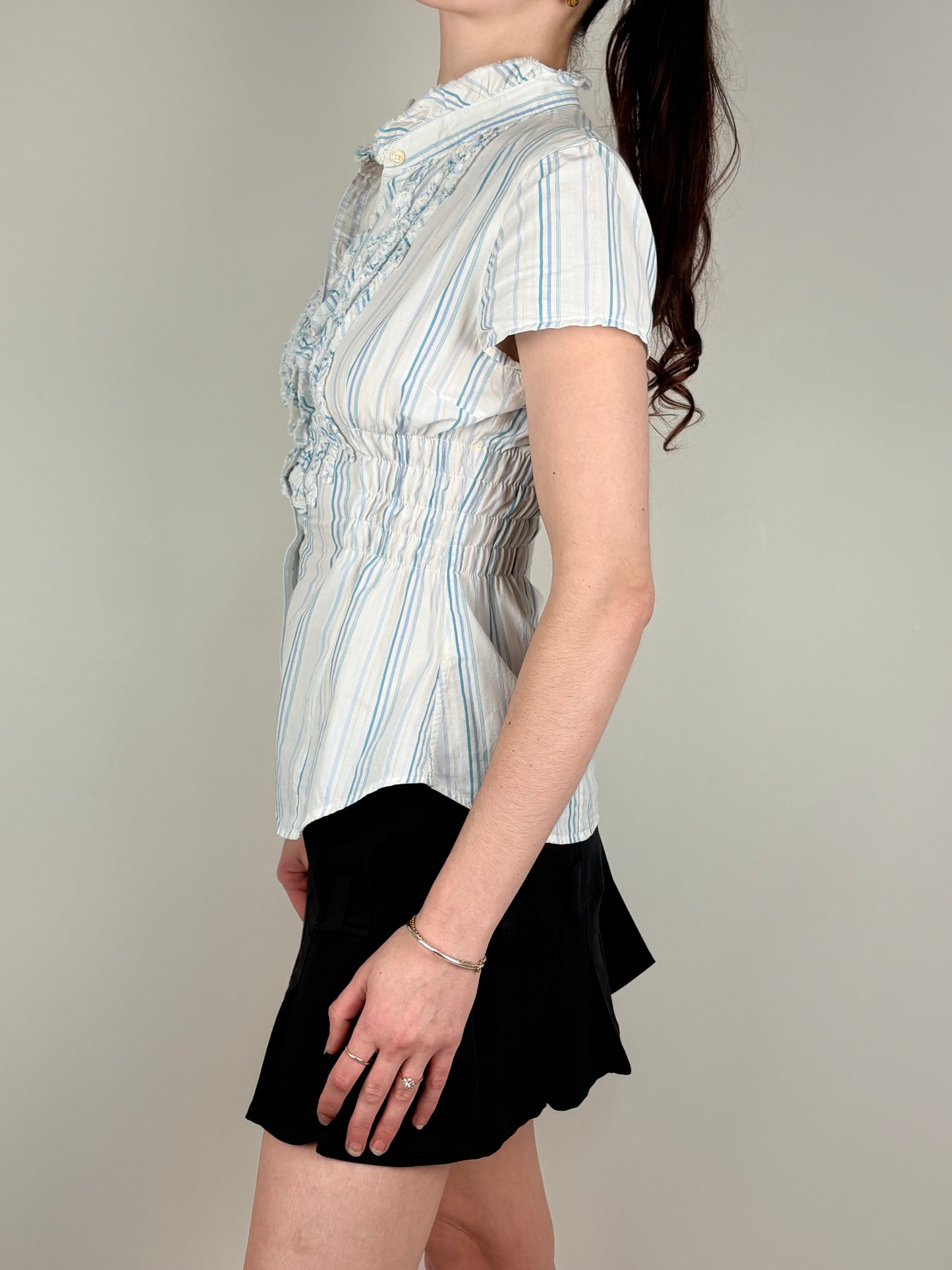 White Blue Stripped Ruched Top