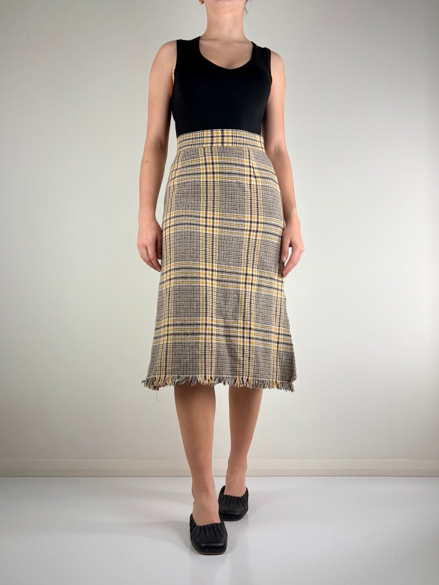 Brown & Yellow Plaid Midi Skirt