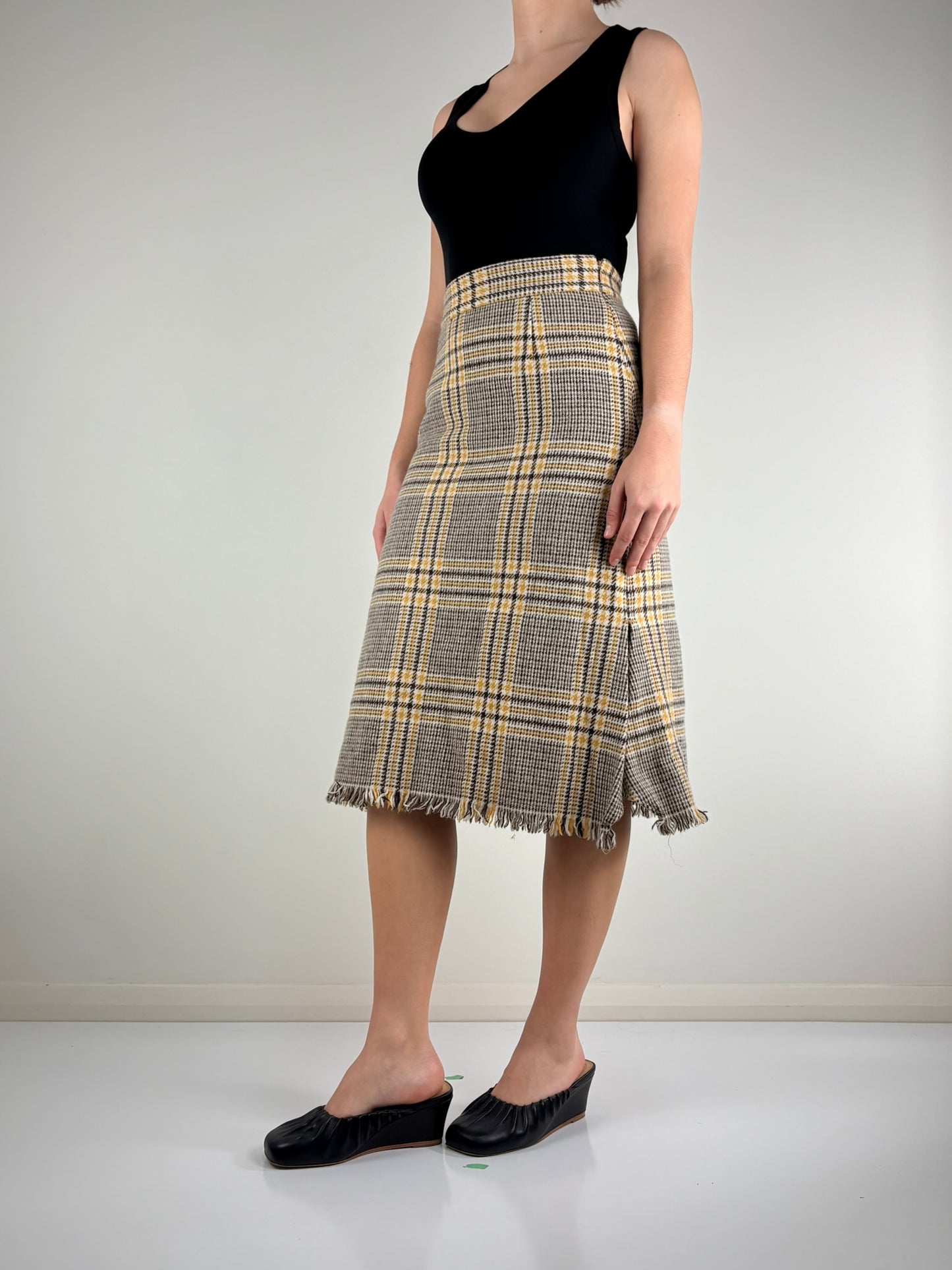 Brown & Yellow Plaid Midi Skirt