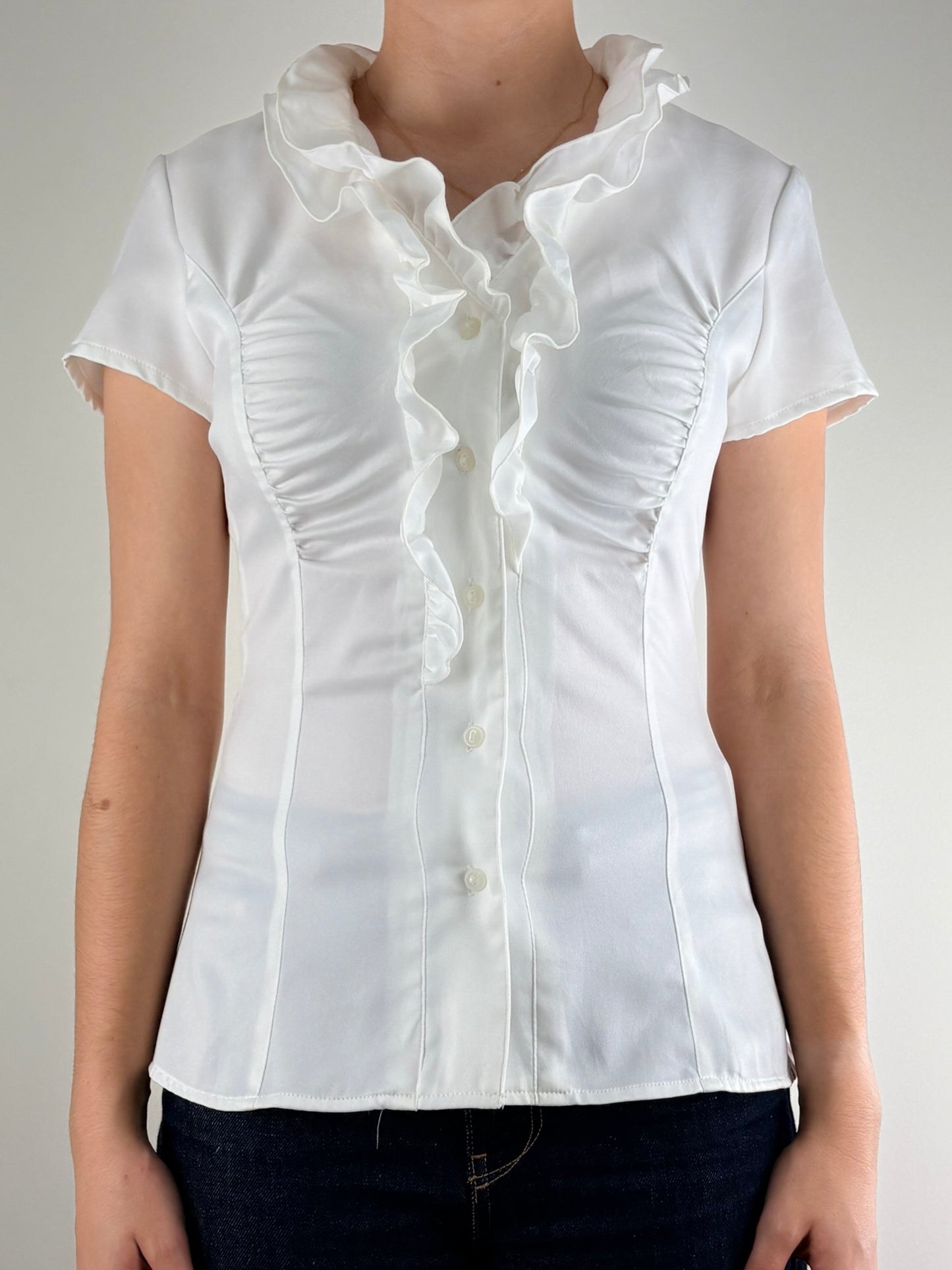 White Ruffle Cinched Top