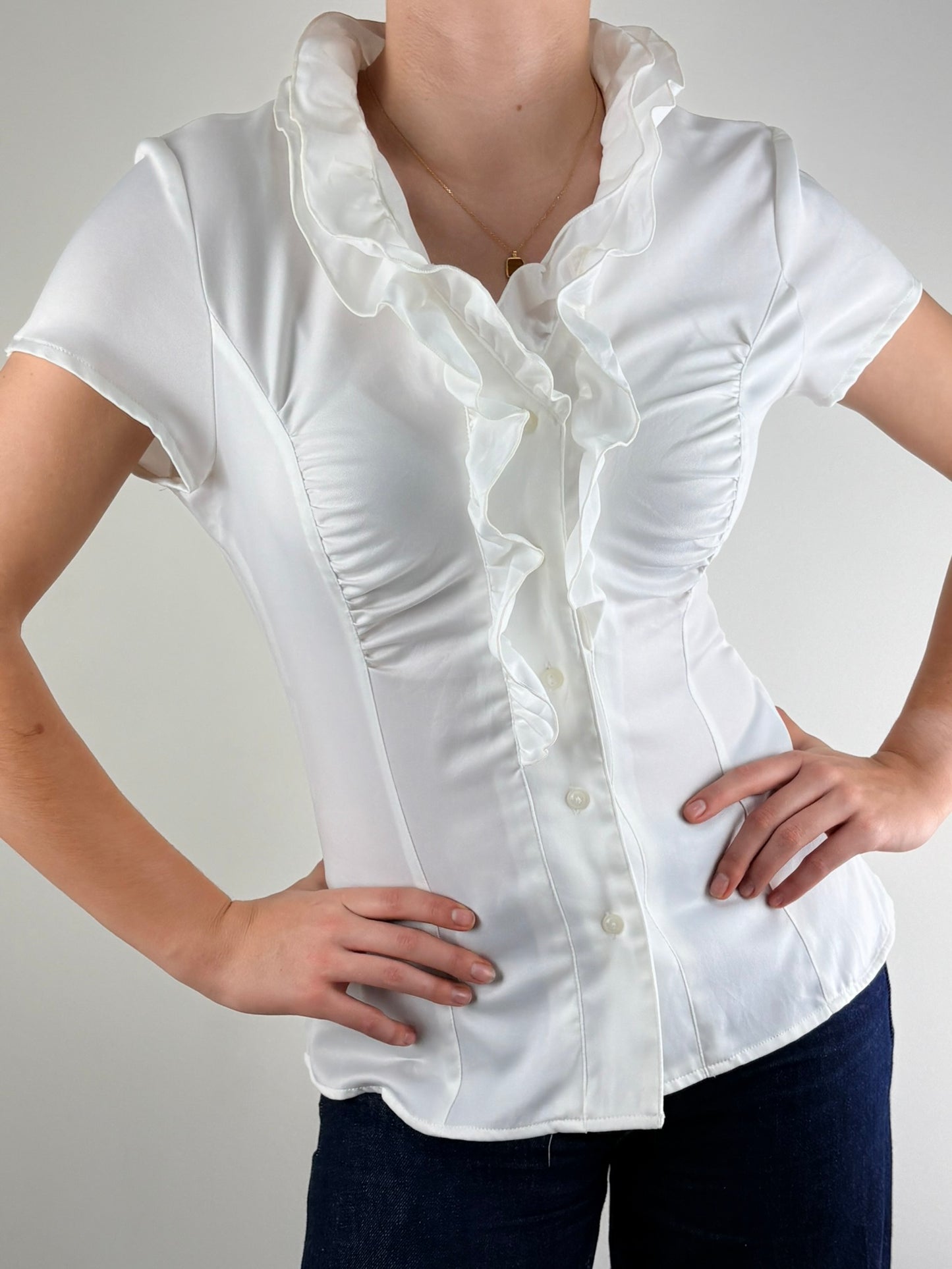 White Ruffle Cinched Top