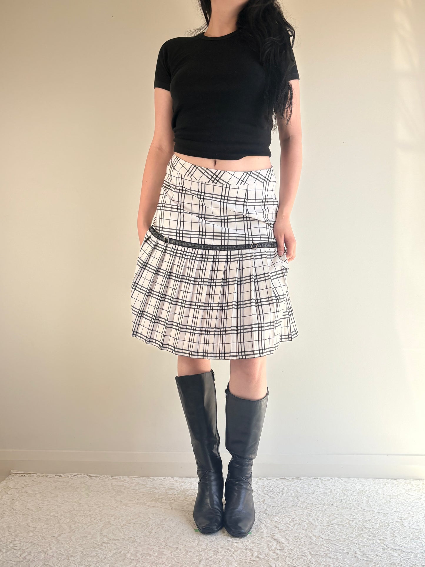 White Plaid Mid Rise Long Skirt