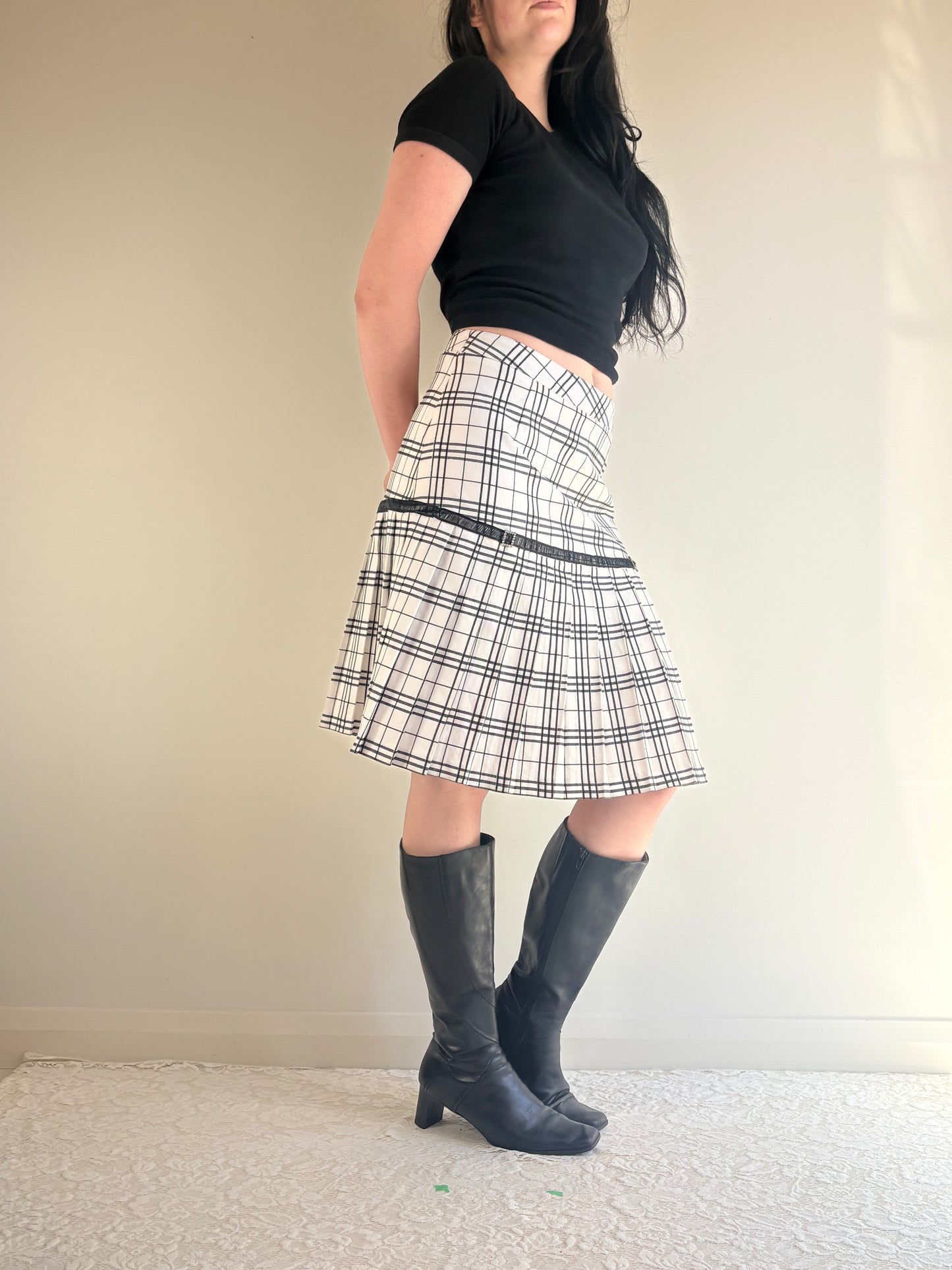 White Plaid Mid Rise Long Skirt