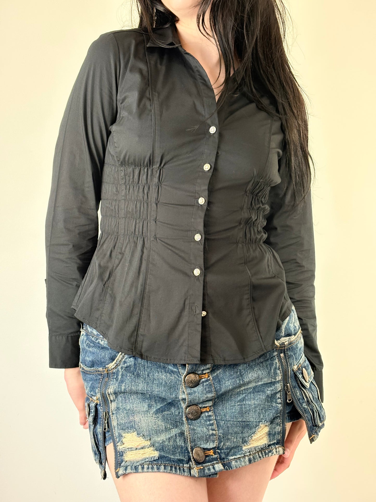 Upcycled Black Ruched Blouse