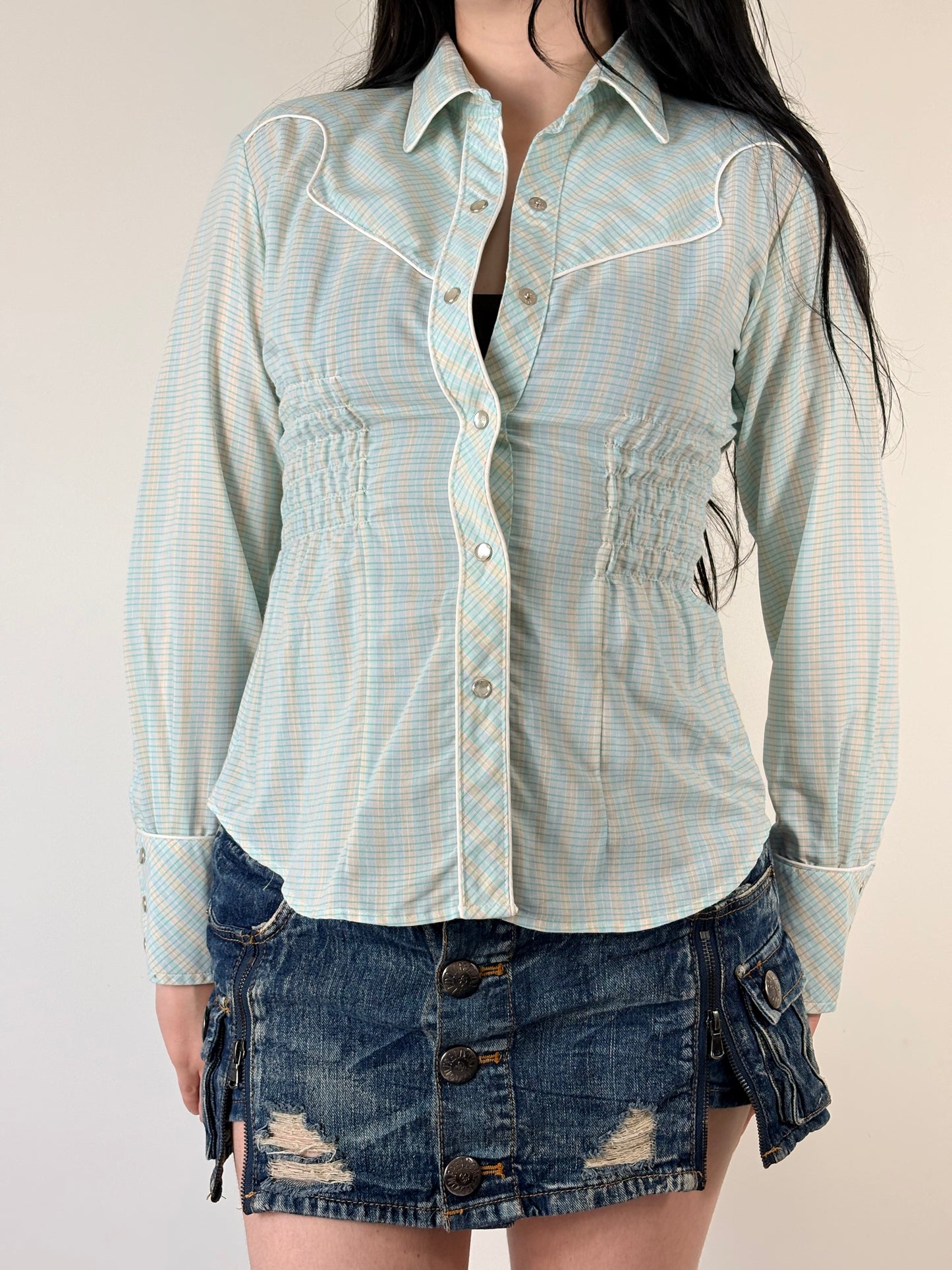 Blue Plaid Upcycled Ruched Blouse