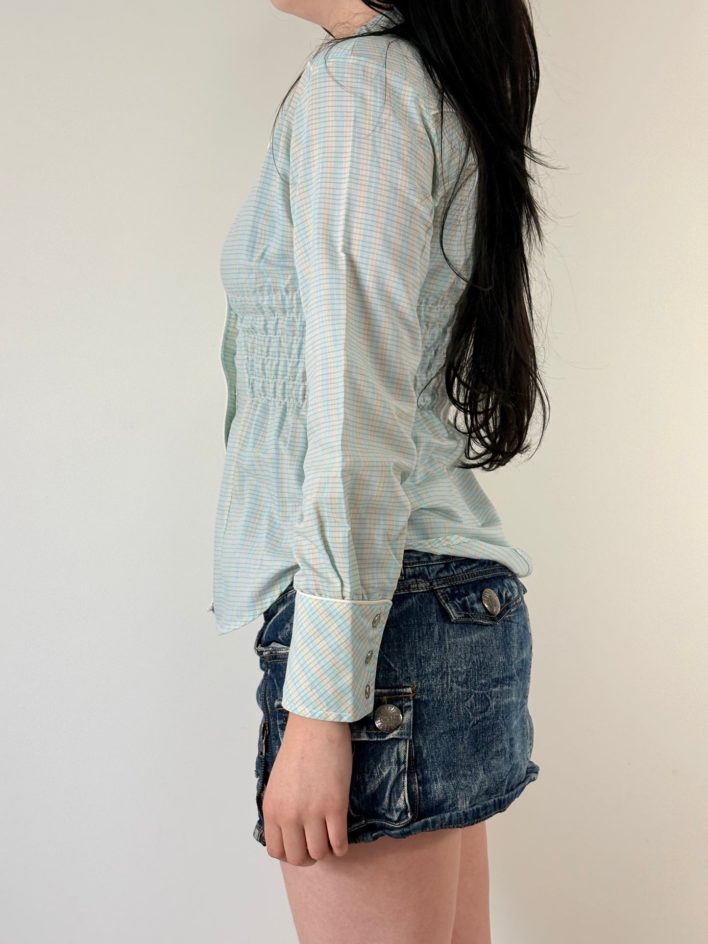 Blue Plaid Upcycled Ruched Blouse