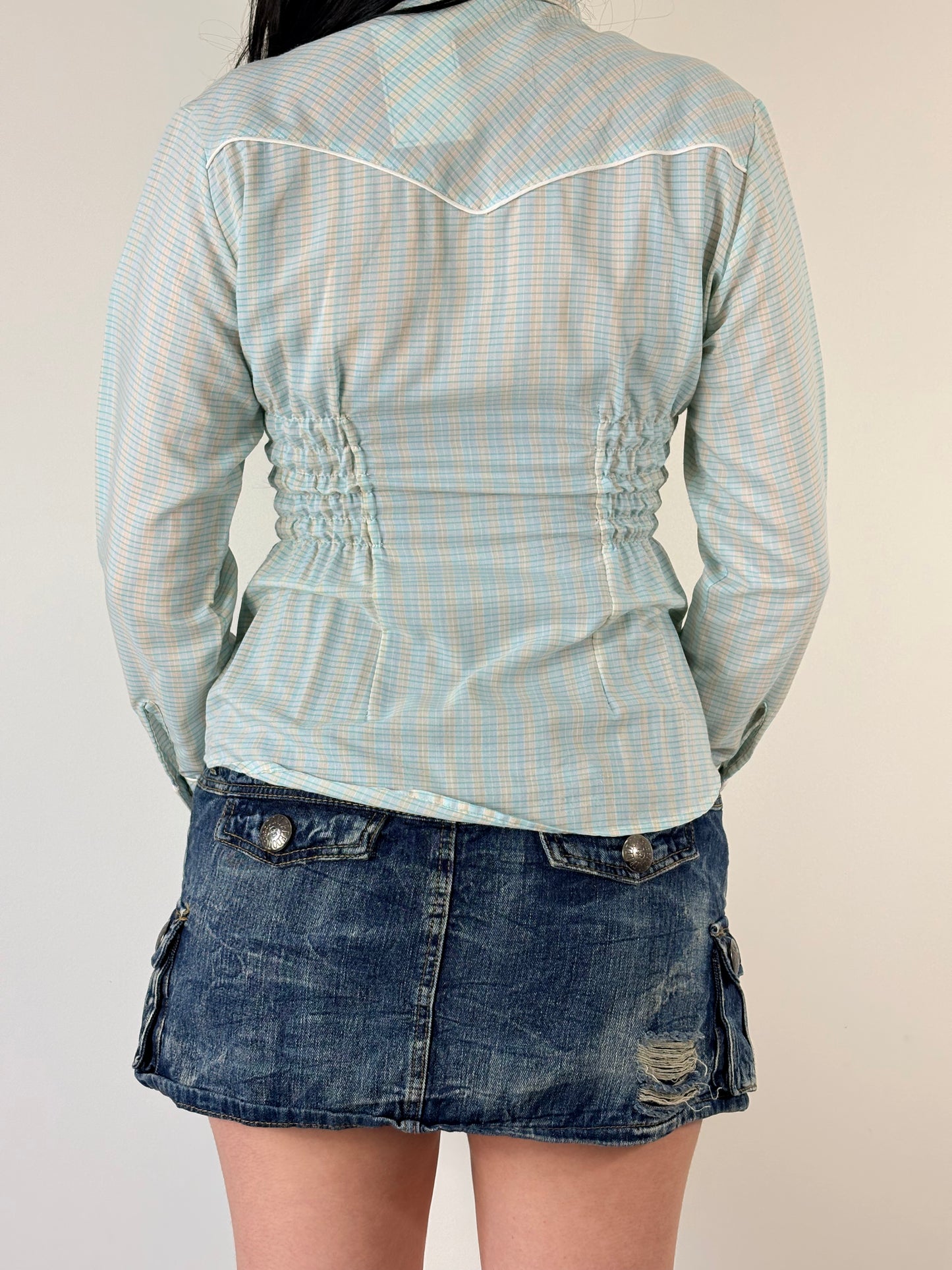 Blue Plaid Upcycled Ruched Blouse