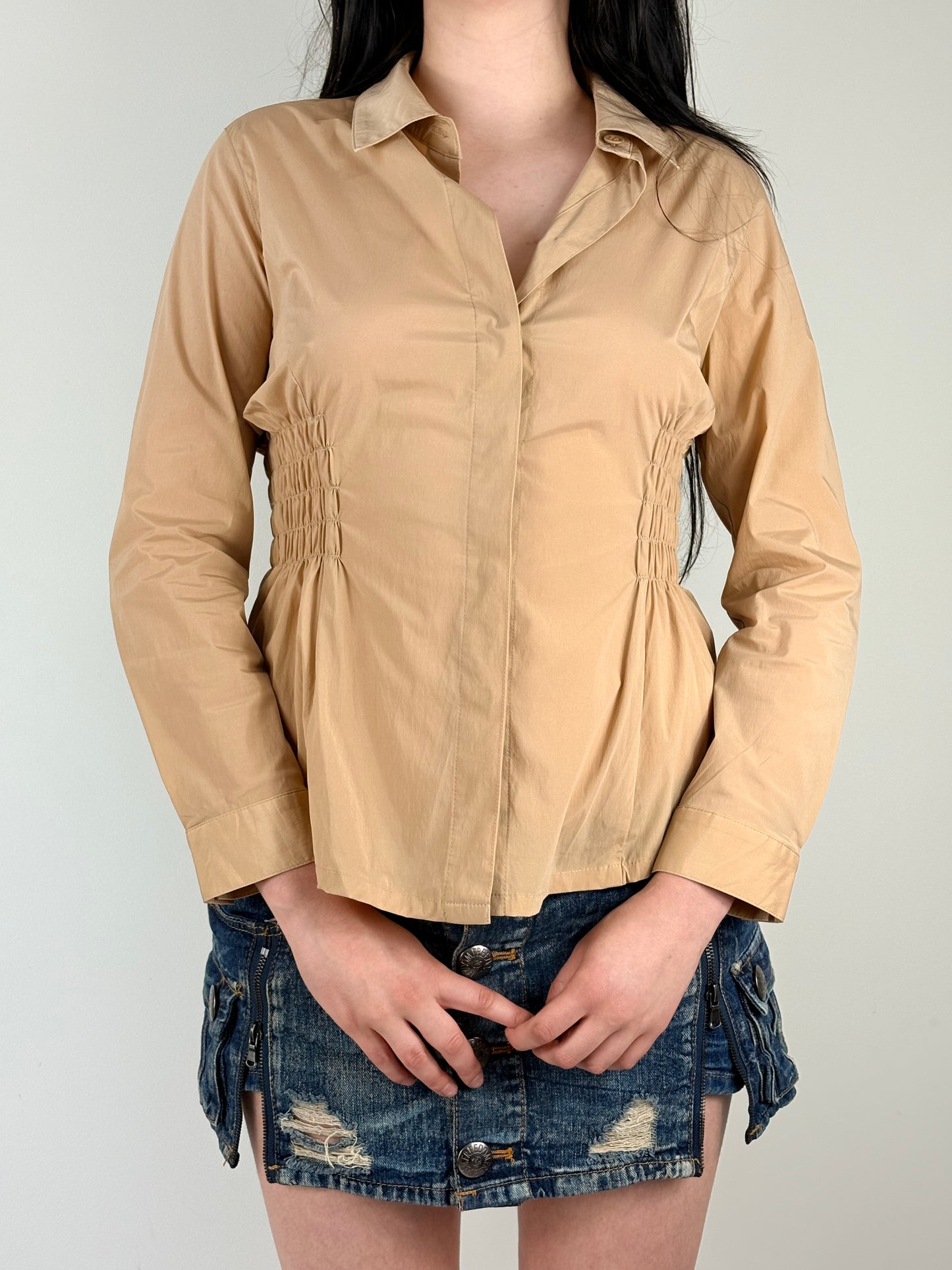 Tan Upcycled Ruched Long Sleeve Top