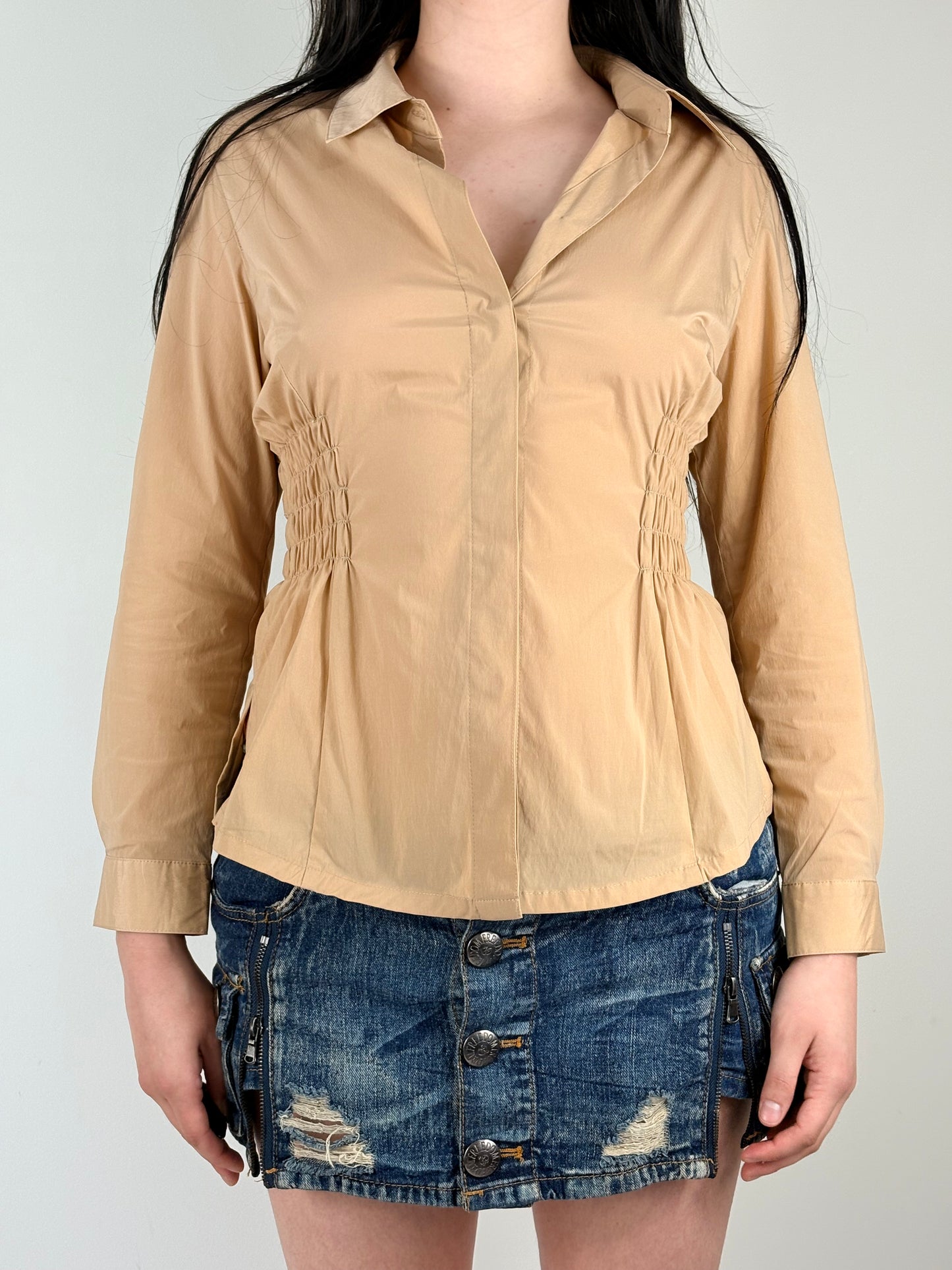 Tan Upcycled Ruched Long Sleeve Top