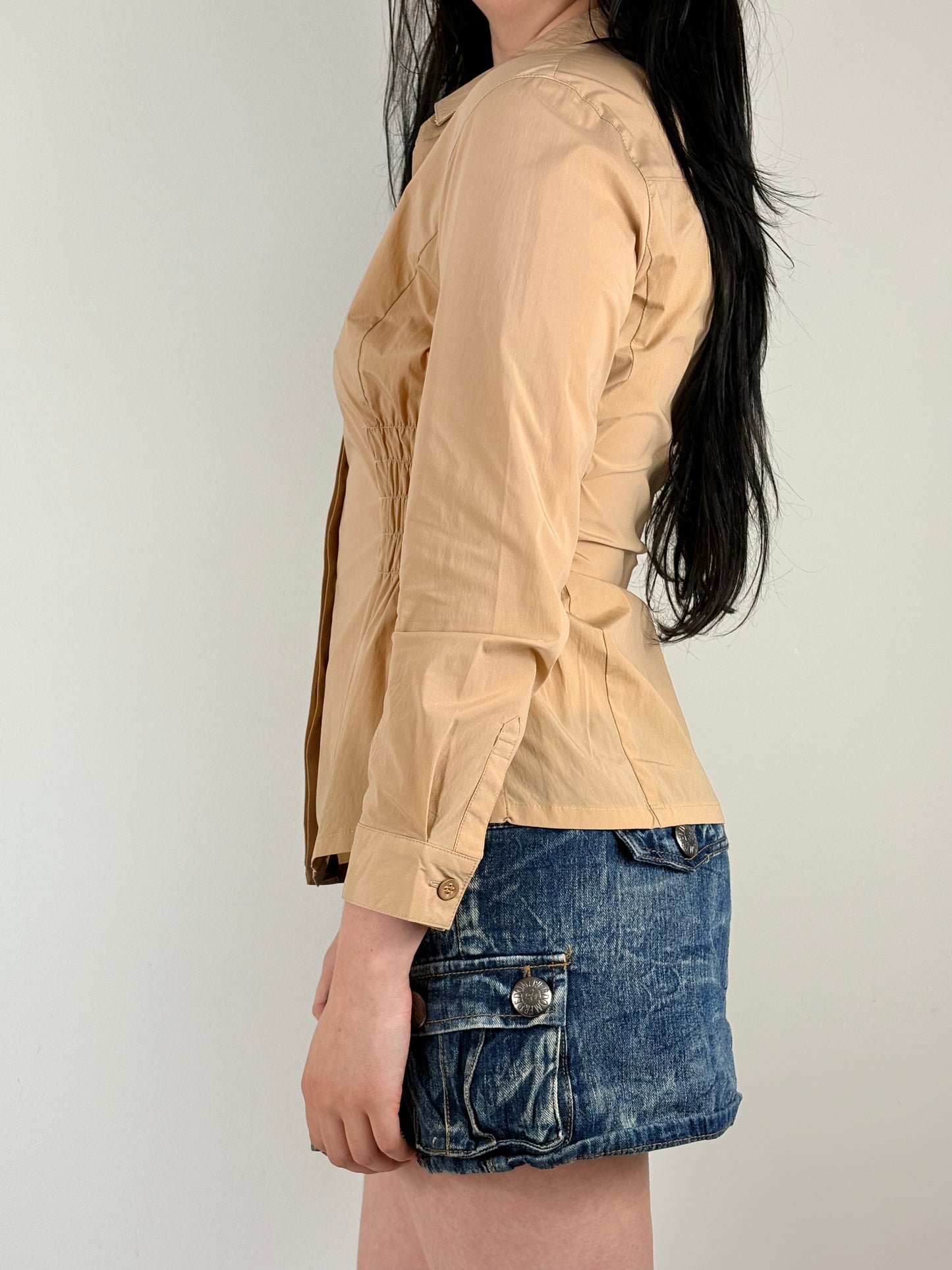 Tan Upcycled Ruched Long Sleeve Top