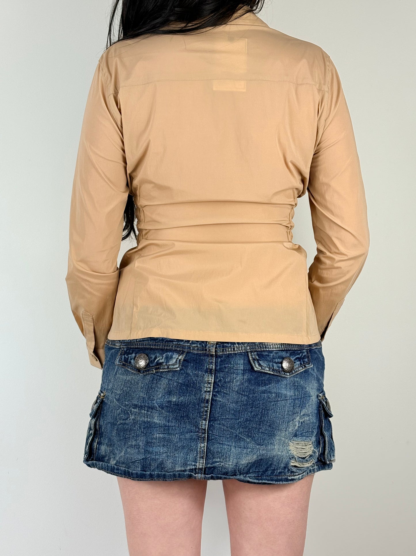 Tan Upcycled Ruched Long Sleeve Top