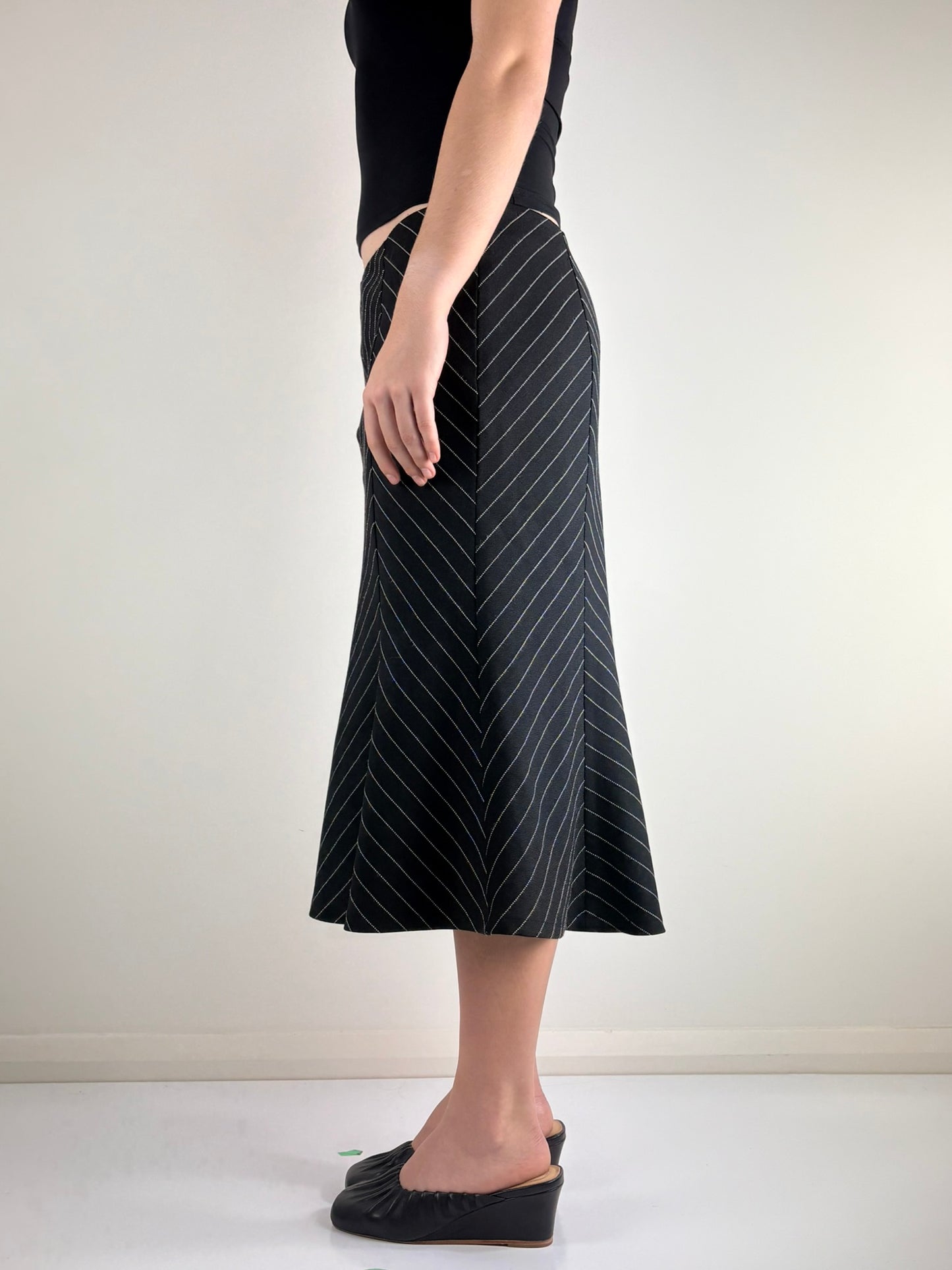 Black Pin Stripe Midi Skirt