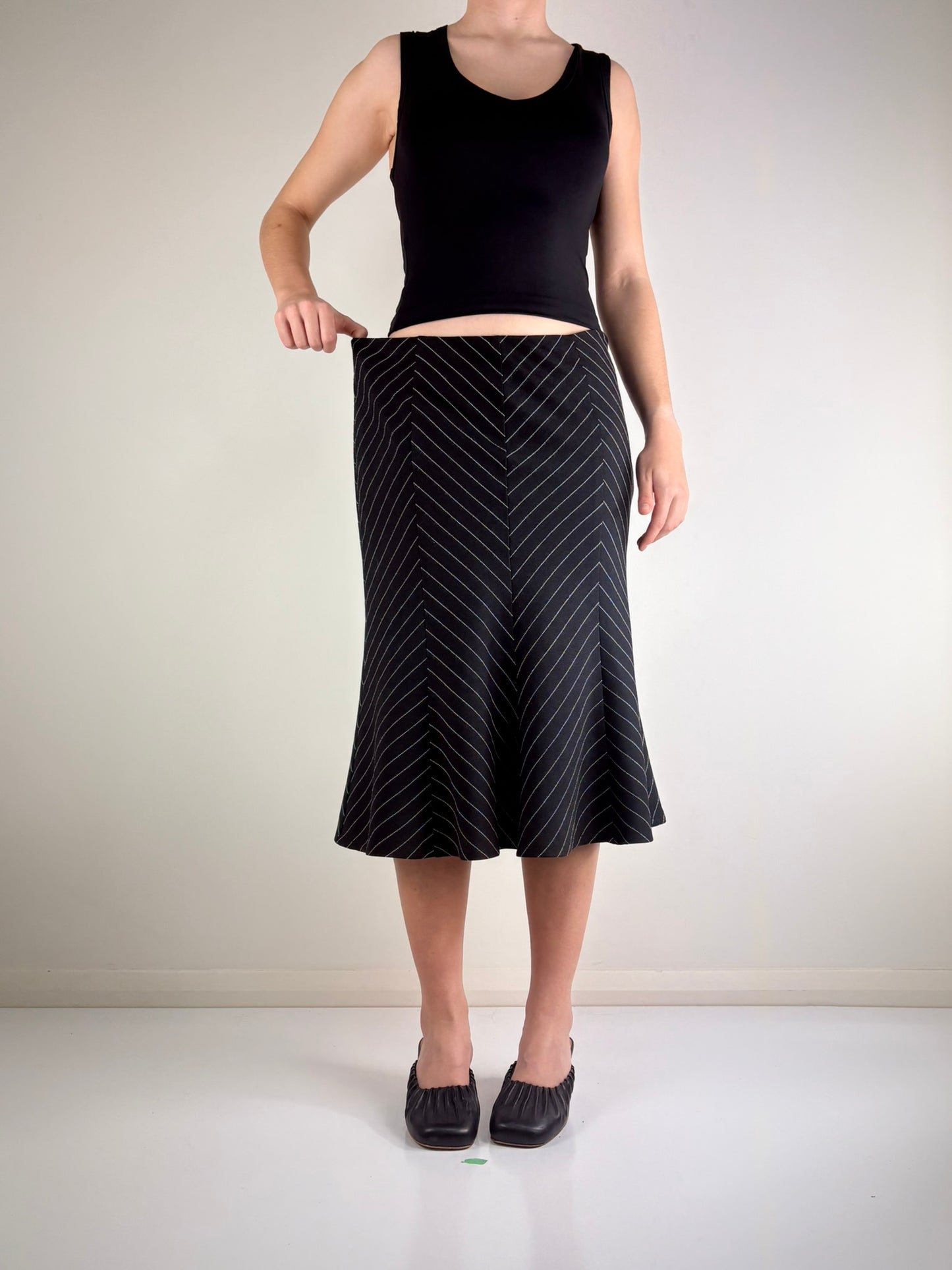 Black Pin Stripe Midi Skirt
