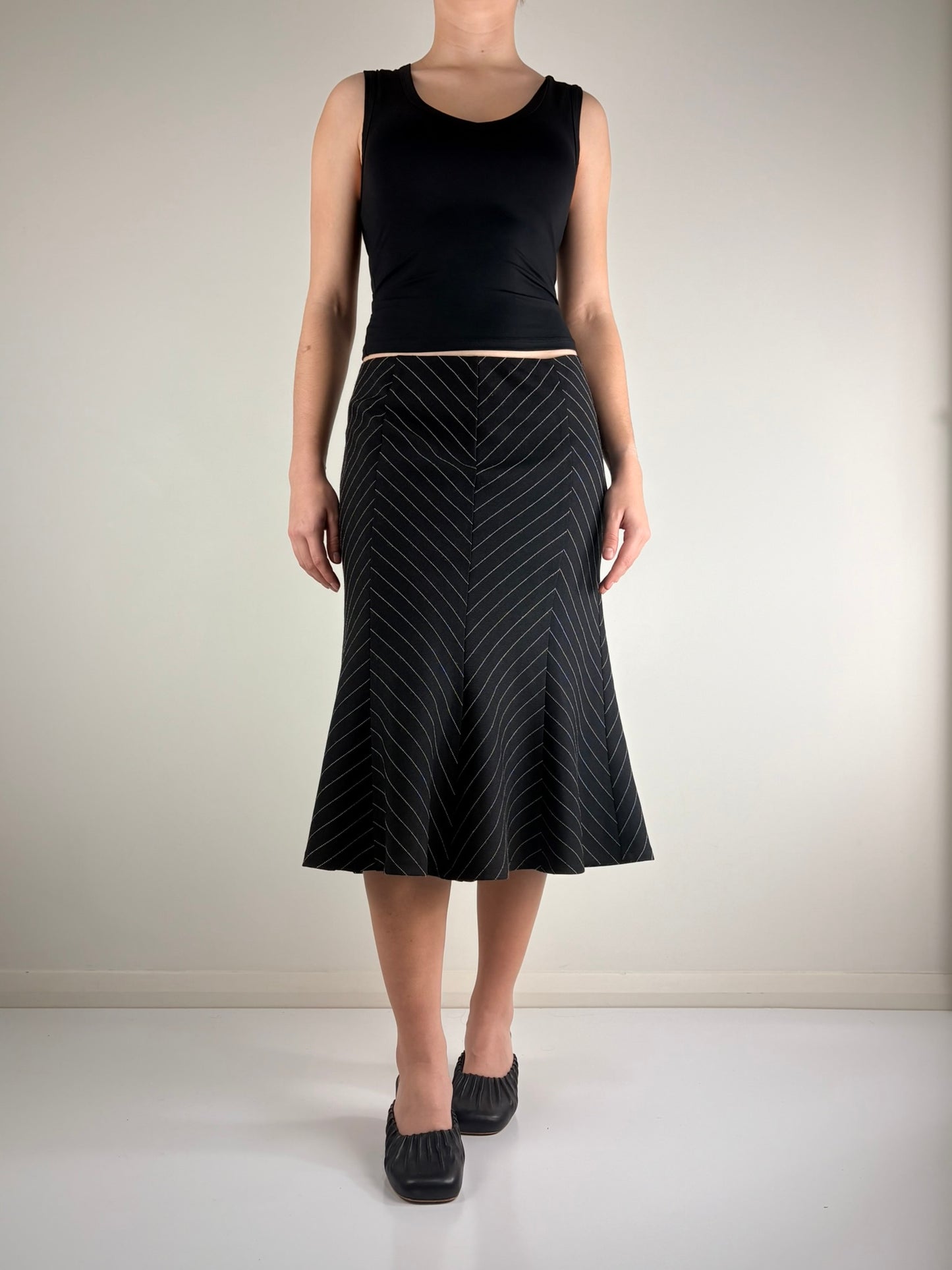 Black Pin Stripe Midi Skirt