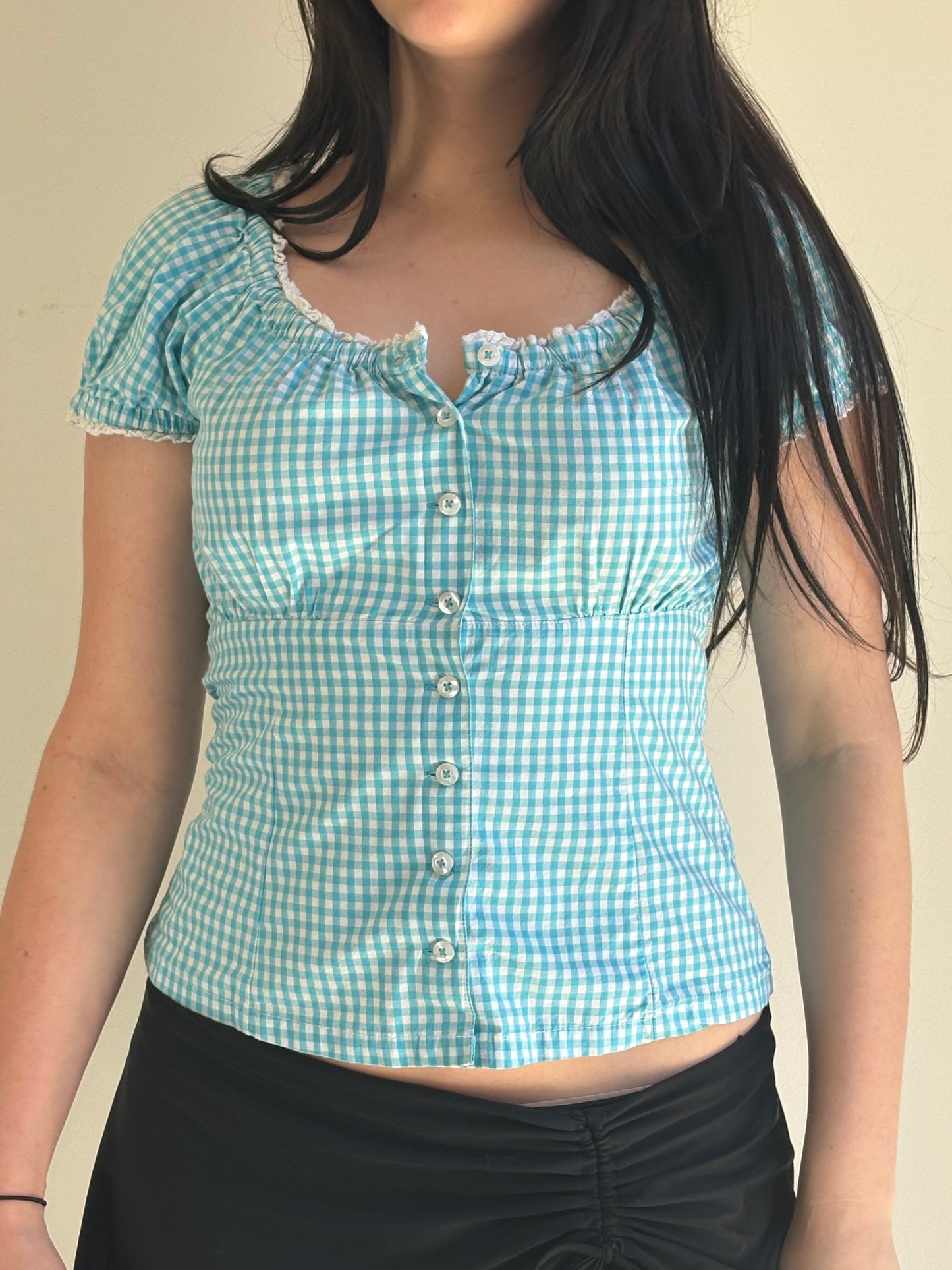 Aqua Checkered Milkmaid Top