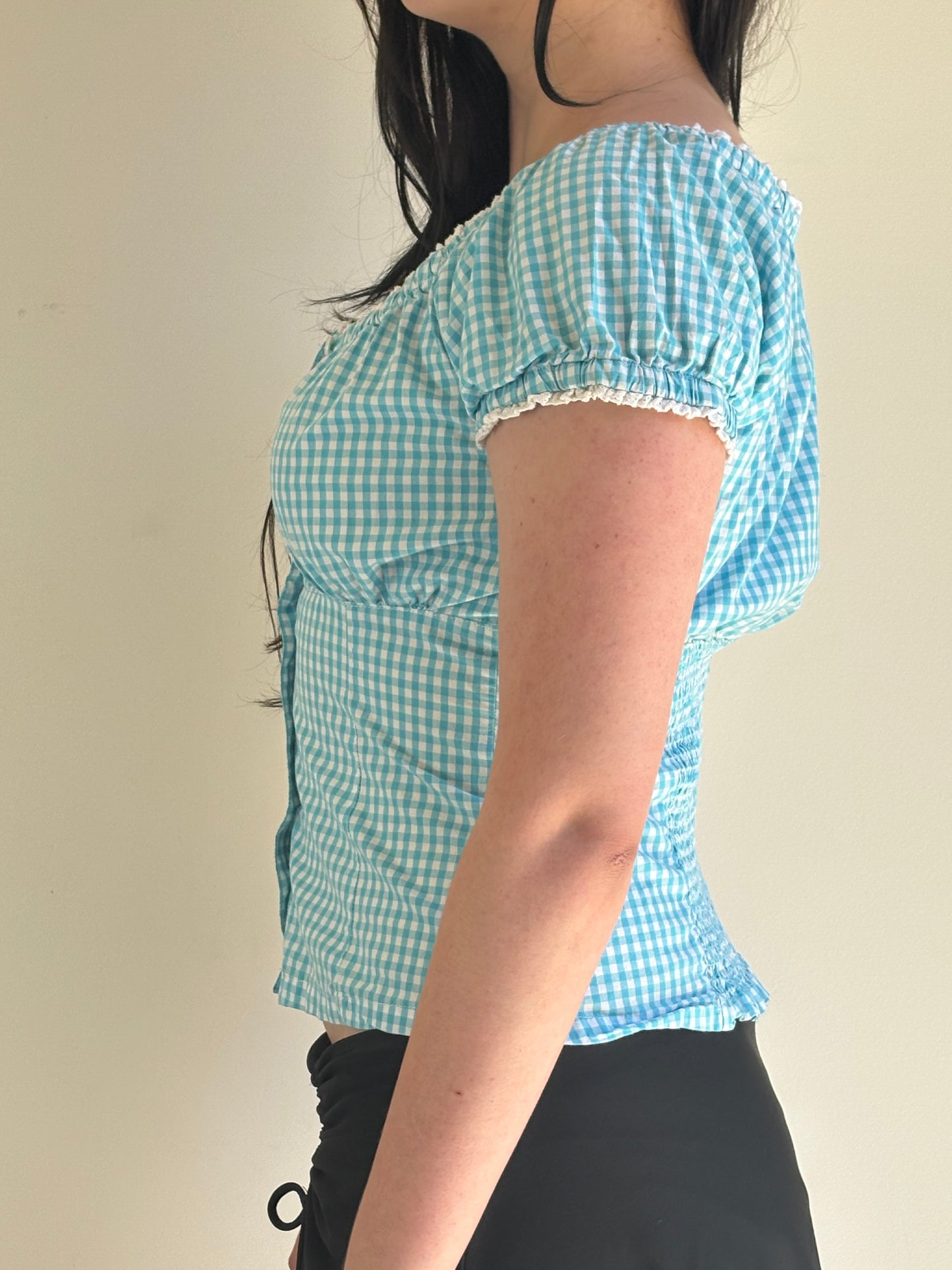 Aqua Checkered Milkmaid Top