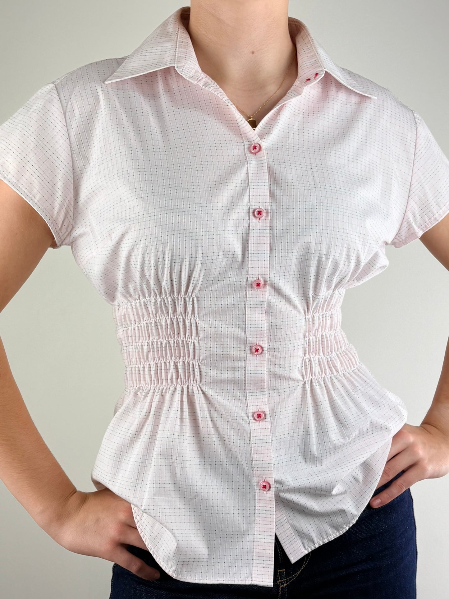 Pink Pin Striped Ruched Top