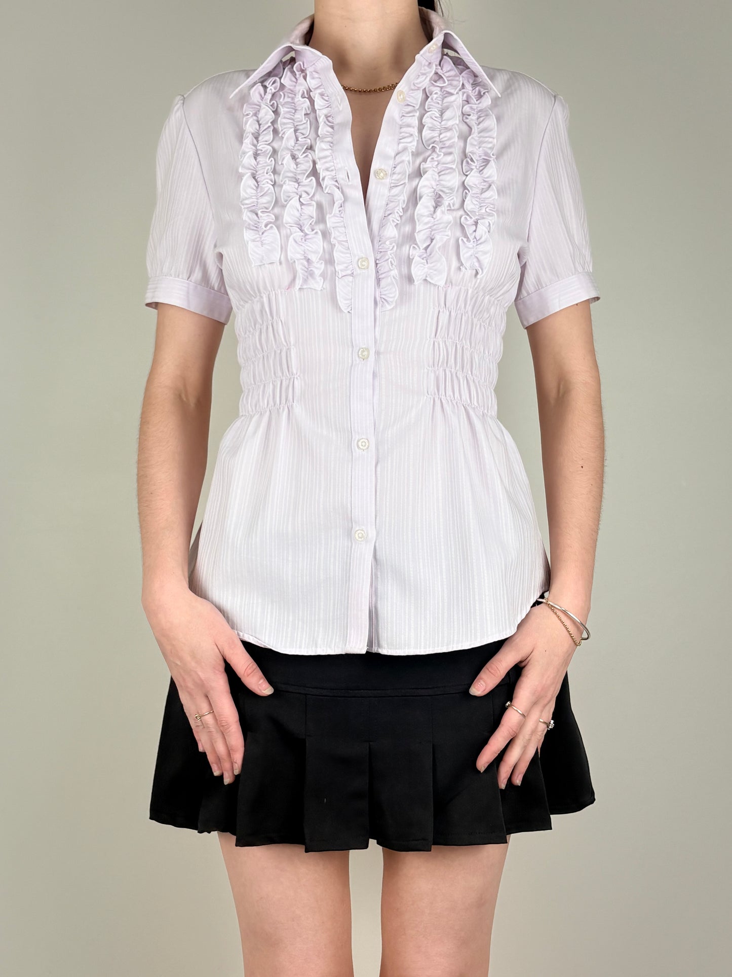Purple Stripped Lettuce Placket Ruched Top