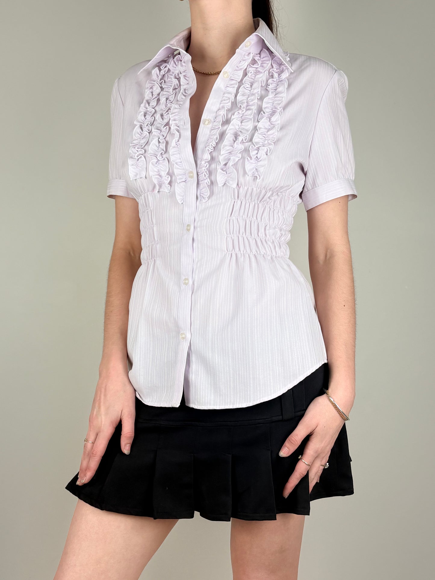 Purple Stripped Lettuce Placket Ruched Top