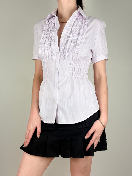 Purple Stripped Lettuce Placket Ruched Top