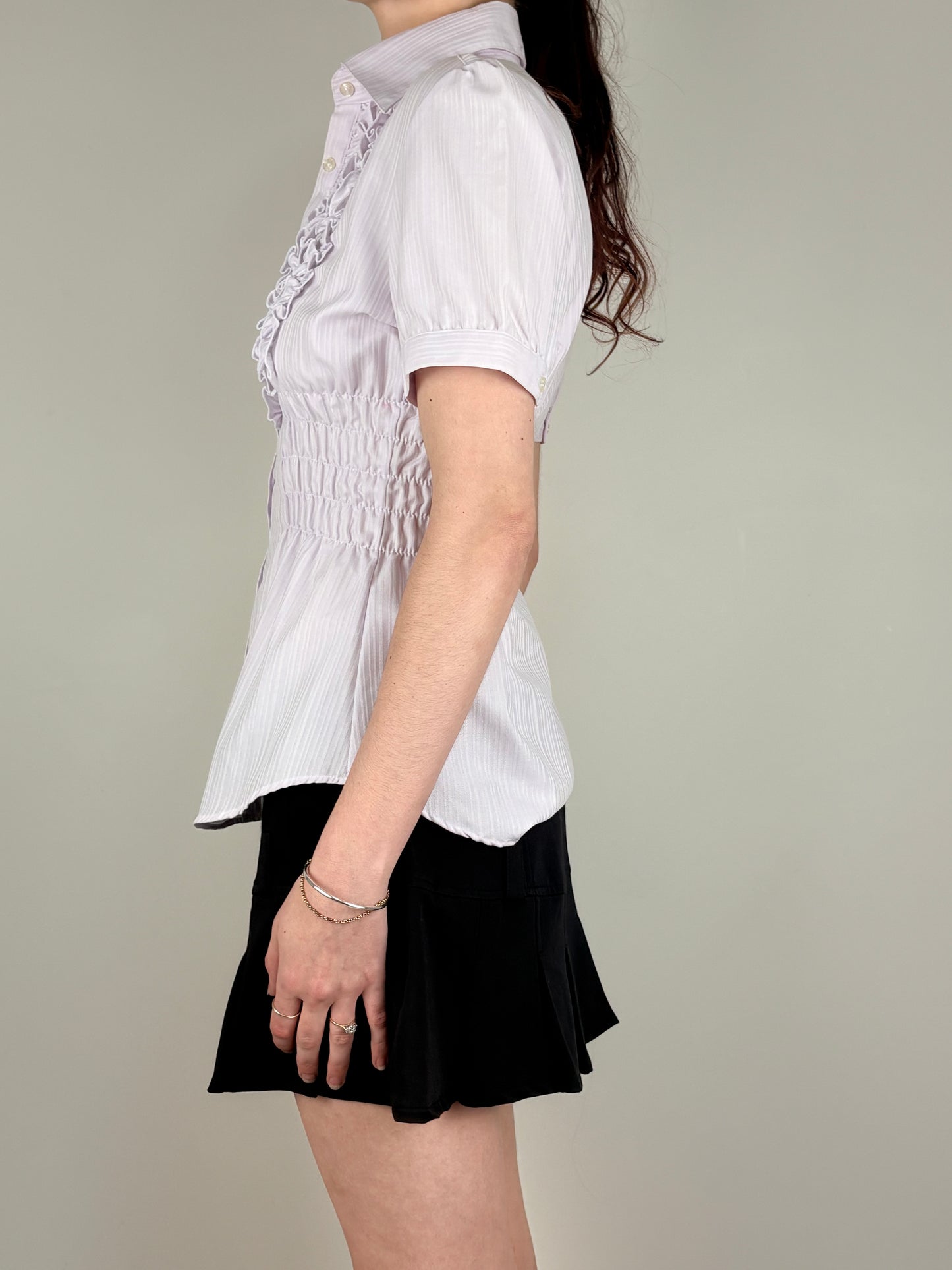 Purple Stripped Lettuce Placket Ruched Top