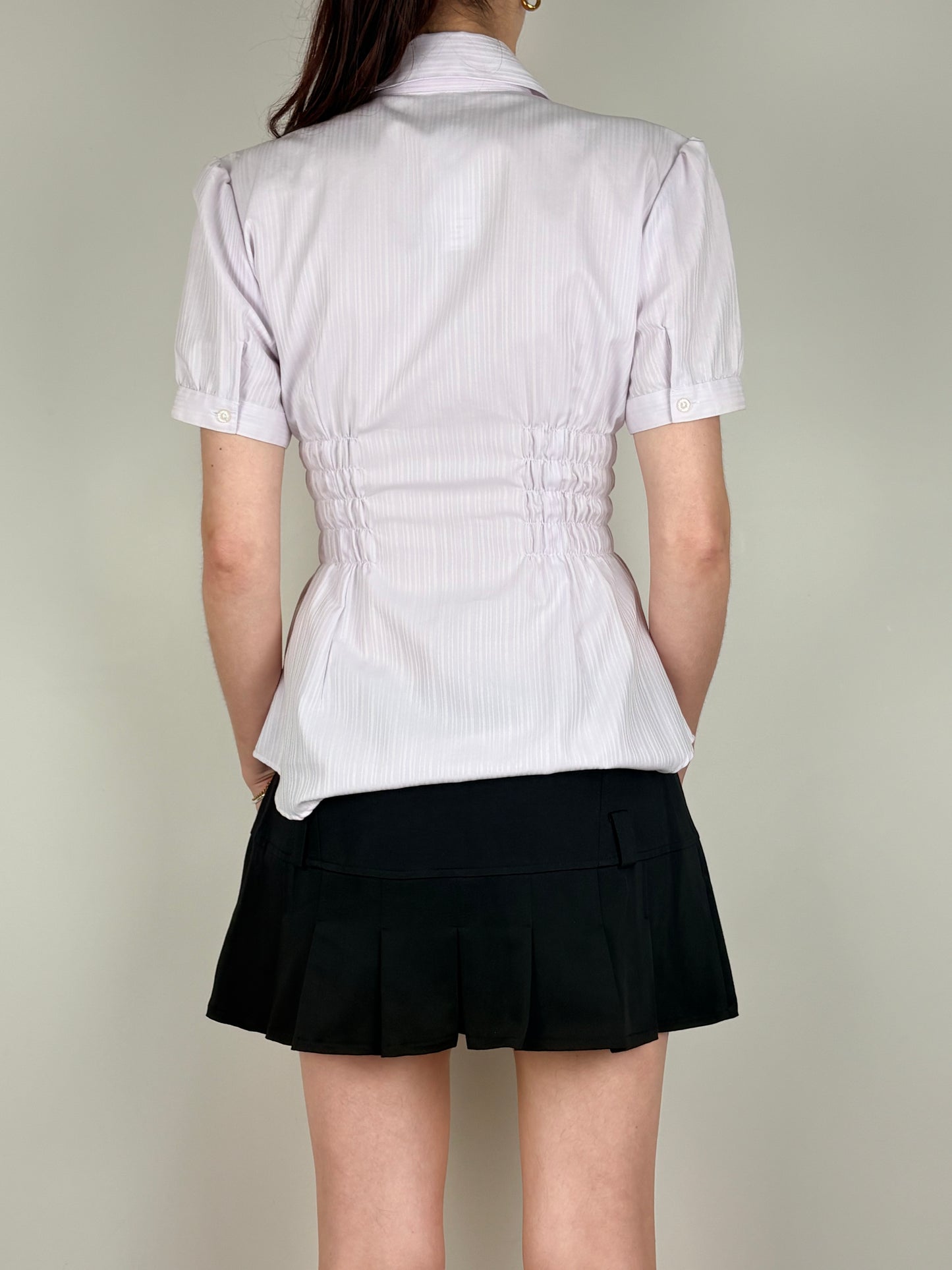 Purple Stripped Lettuce Placket Ruched Top