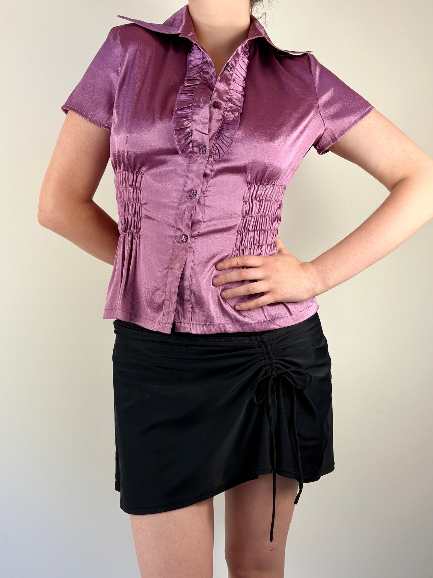 Purple Shiny Upcycled Ruched Top