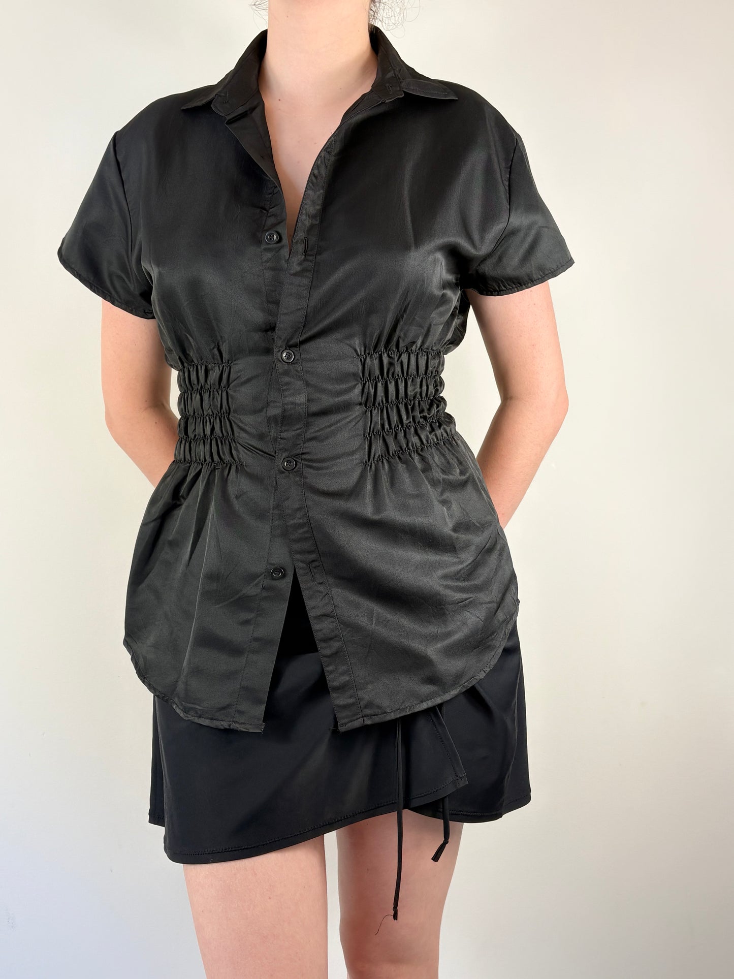 Black Upcycled Ruched Top