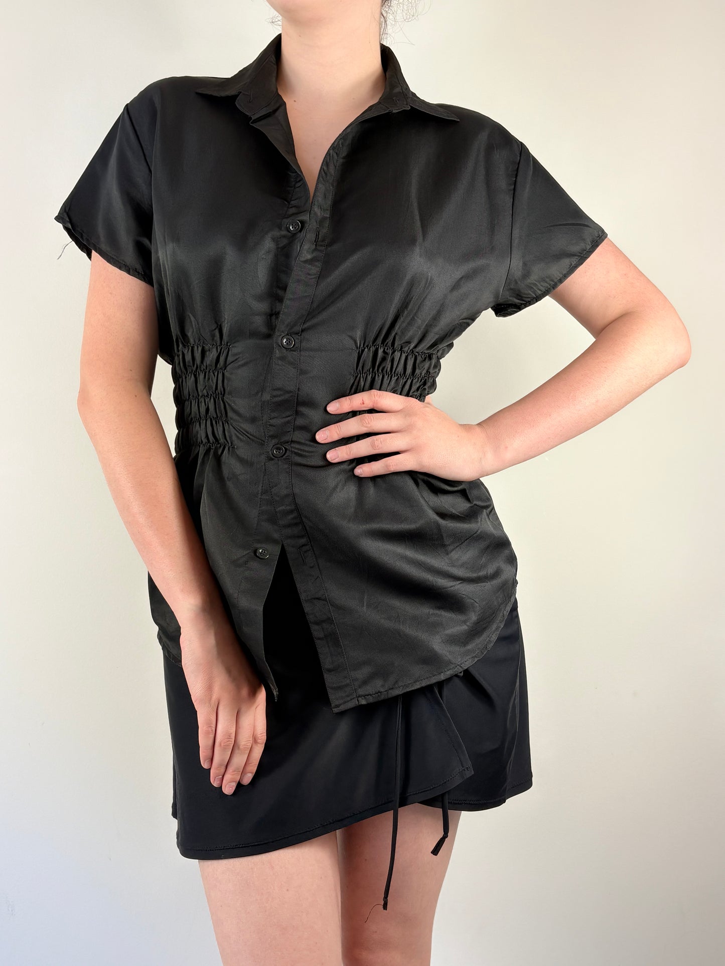 Black Upcycled Ruched Top