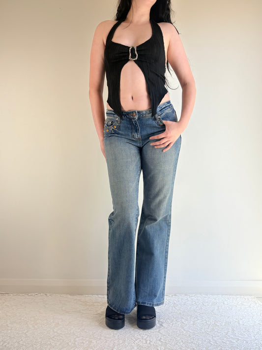 Mid Rise Indigo Denim Rhinestone Jeans