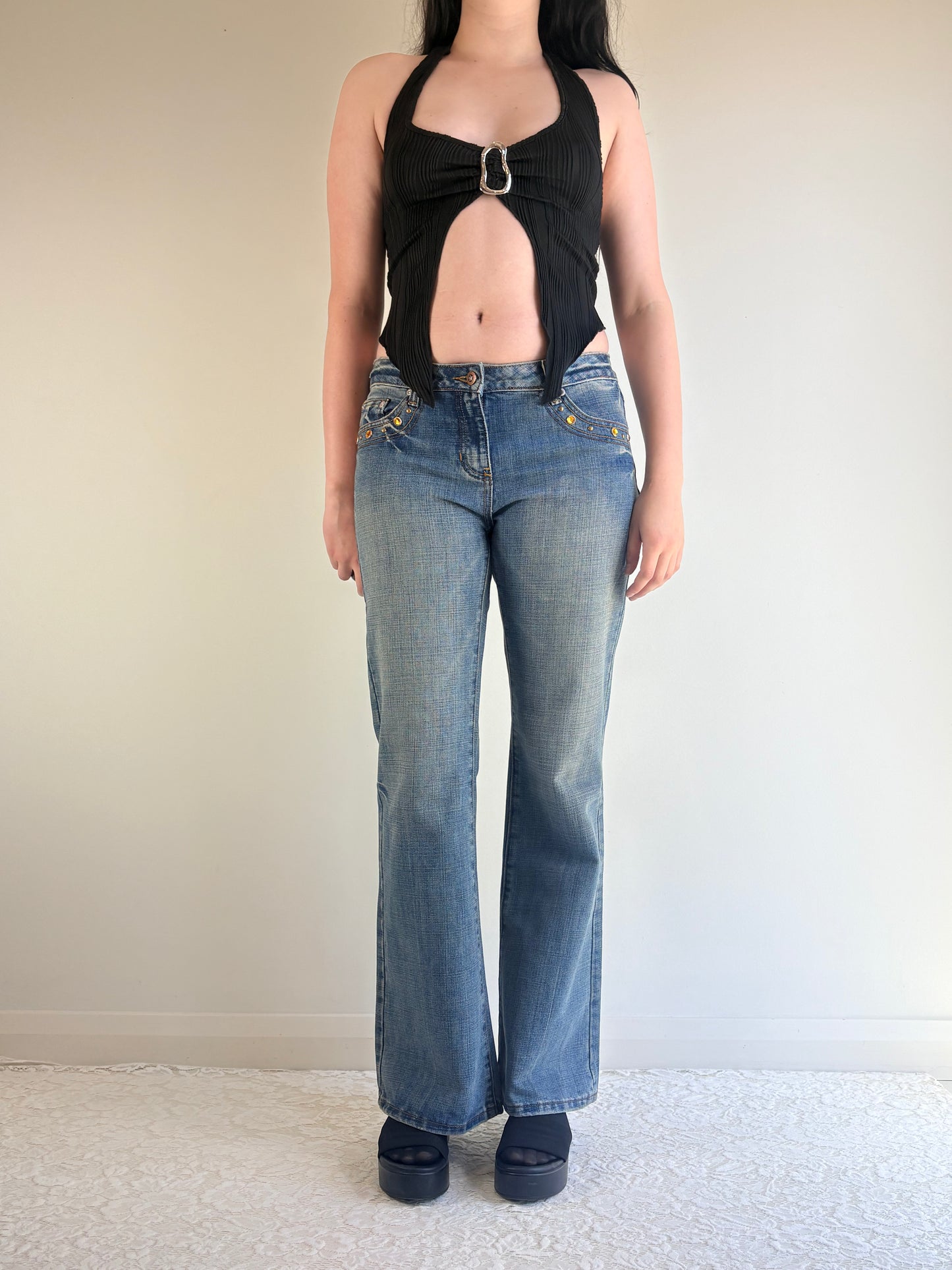 Mid Rise Indigo Denim Rhinestone Jeans