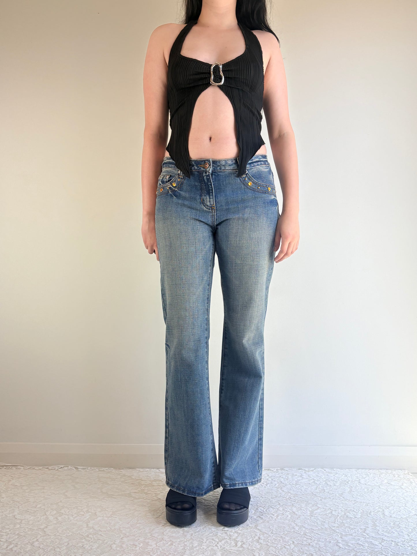 Mid Rise Indigo Denim Rhinestone Jeans