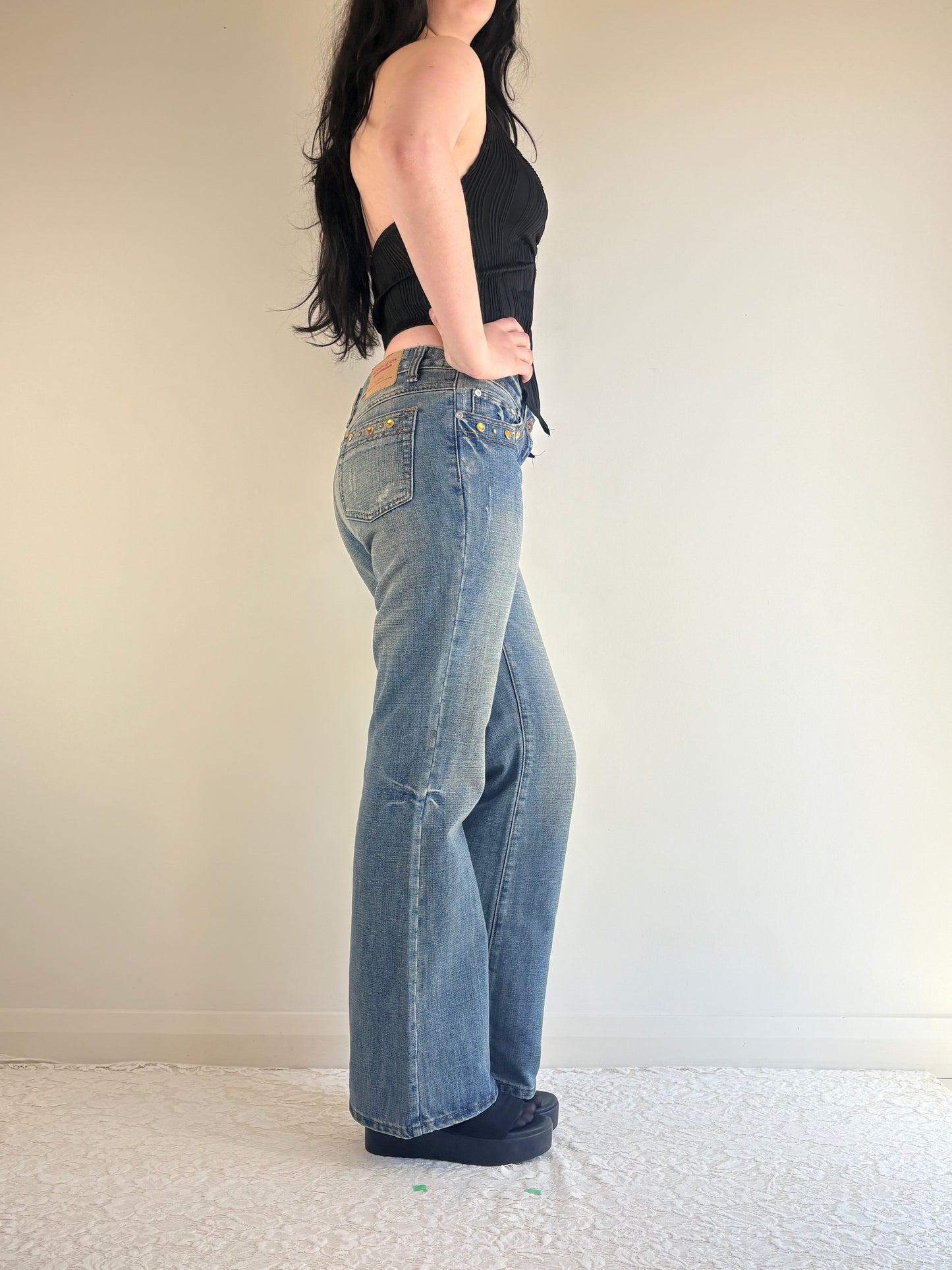 Mid Rise Indigo Denim Rhinestone Jeans