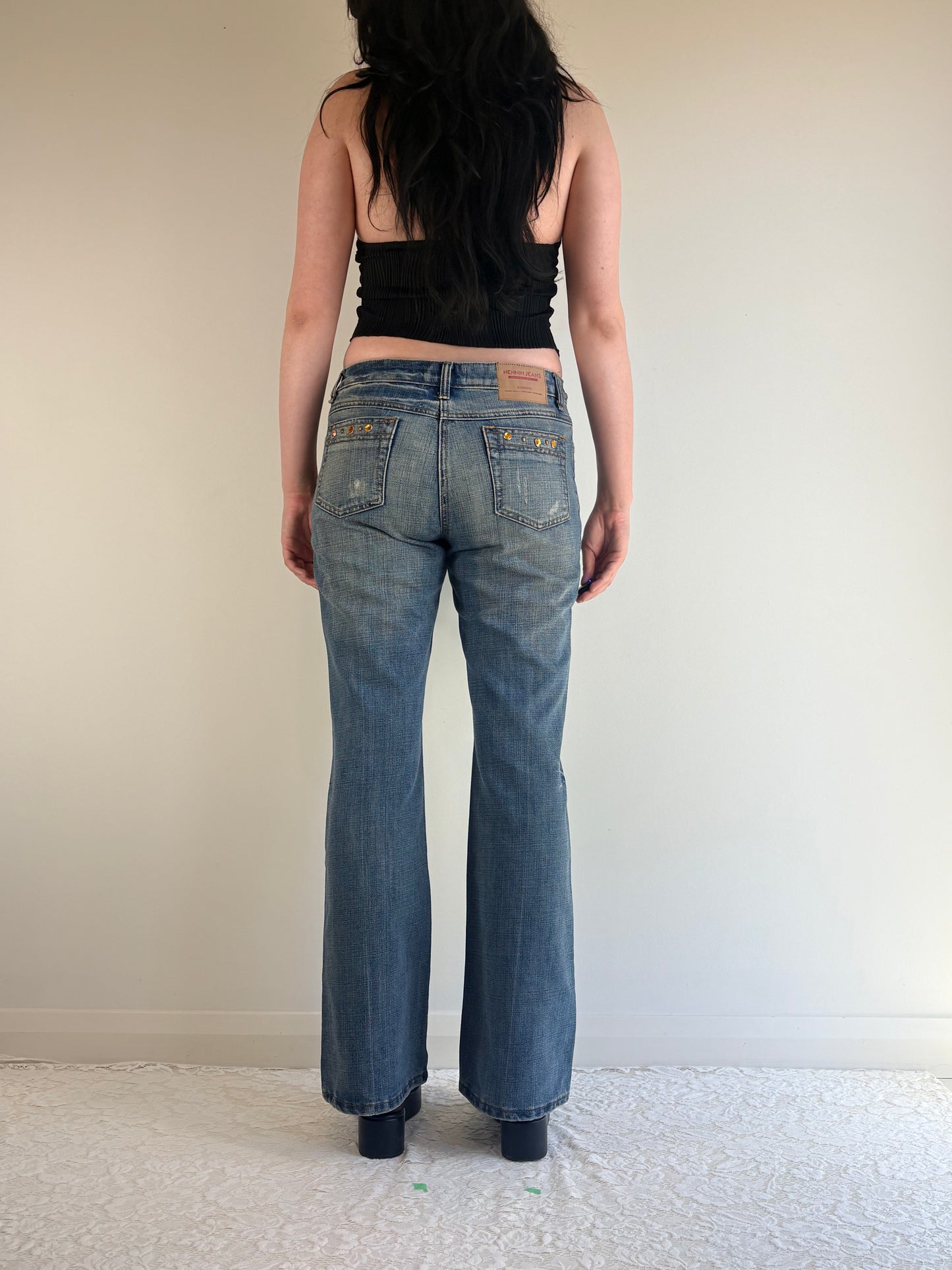 Mid Rise Indigo Denim Rhinestone Jeans