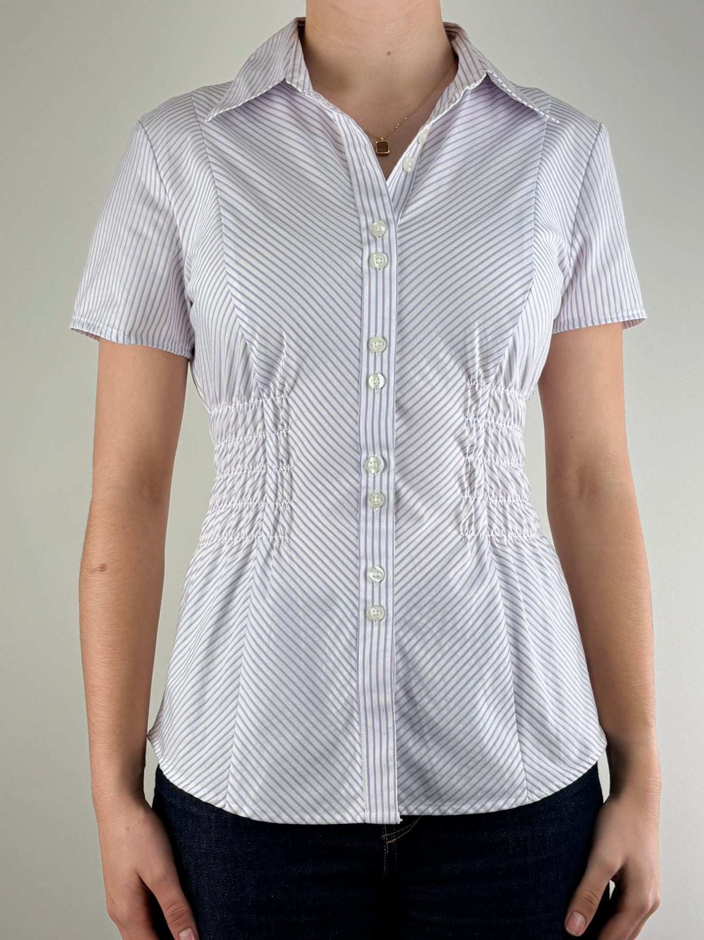 Purple & White Striped Ruched Top