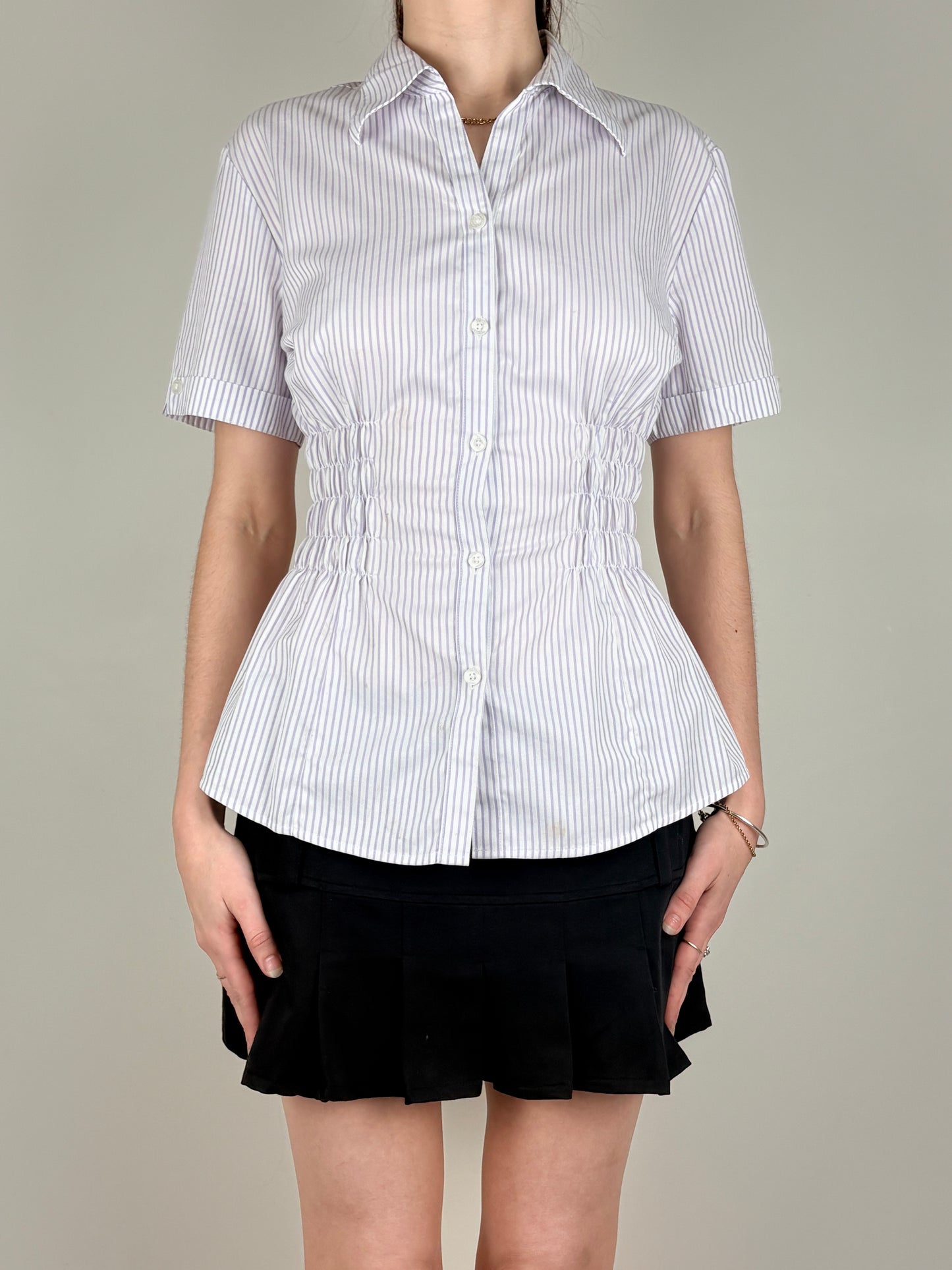 White Purple Stripped Ruched Top