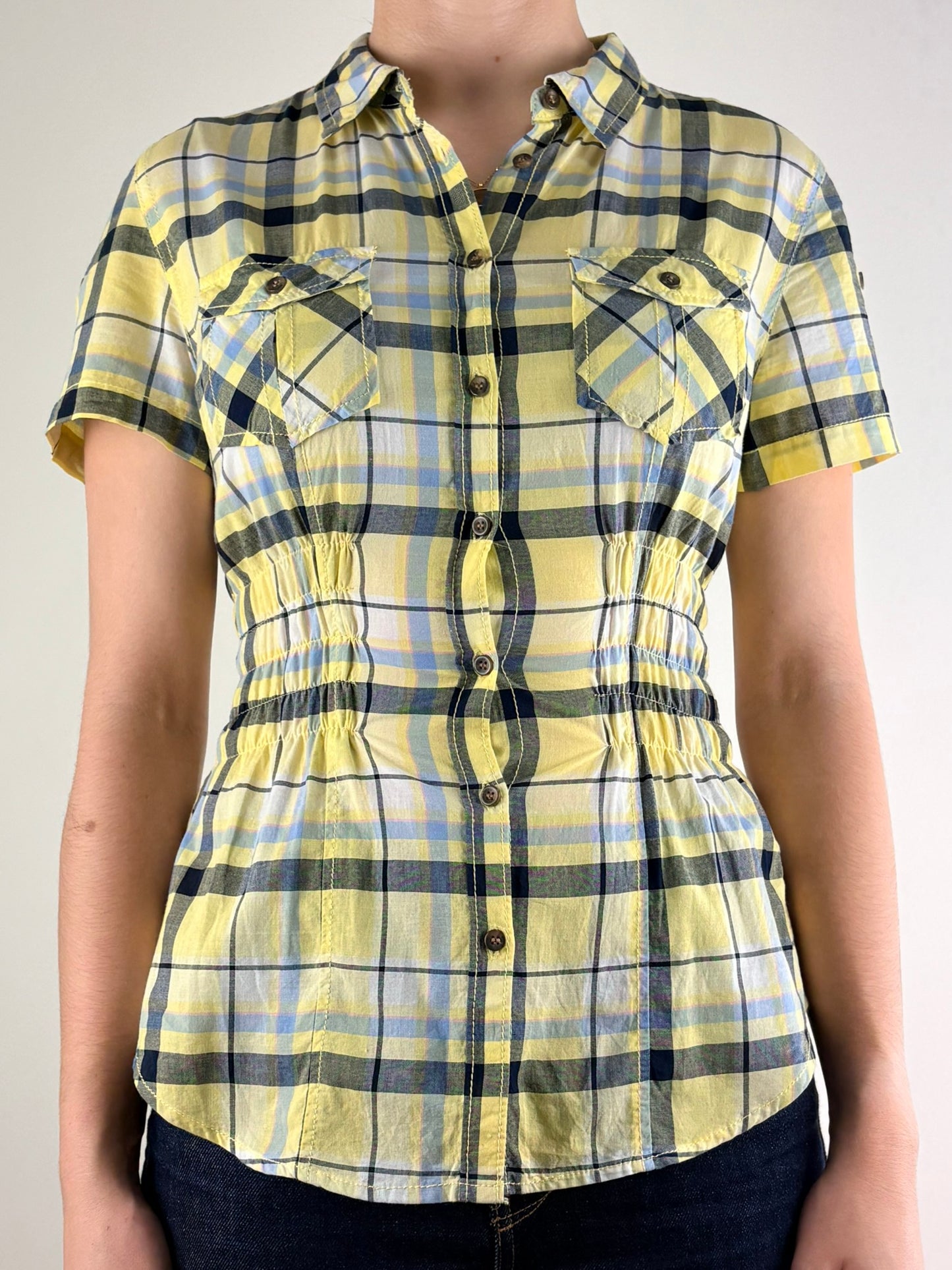  Green & Yellow Plaid Ruched Top