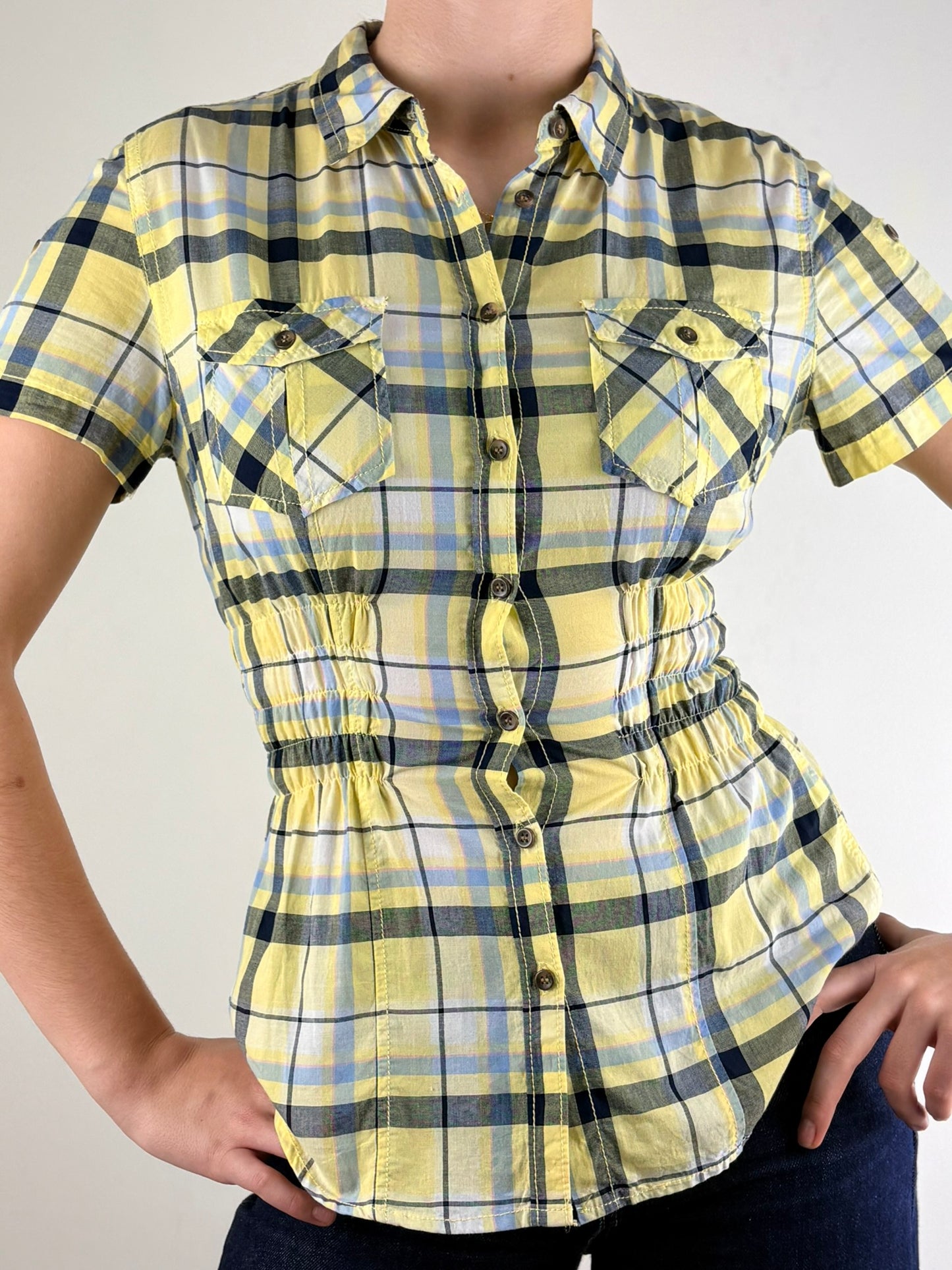  Green & Yellow Plaid Ruched Top