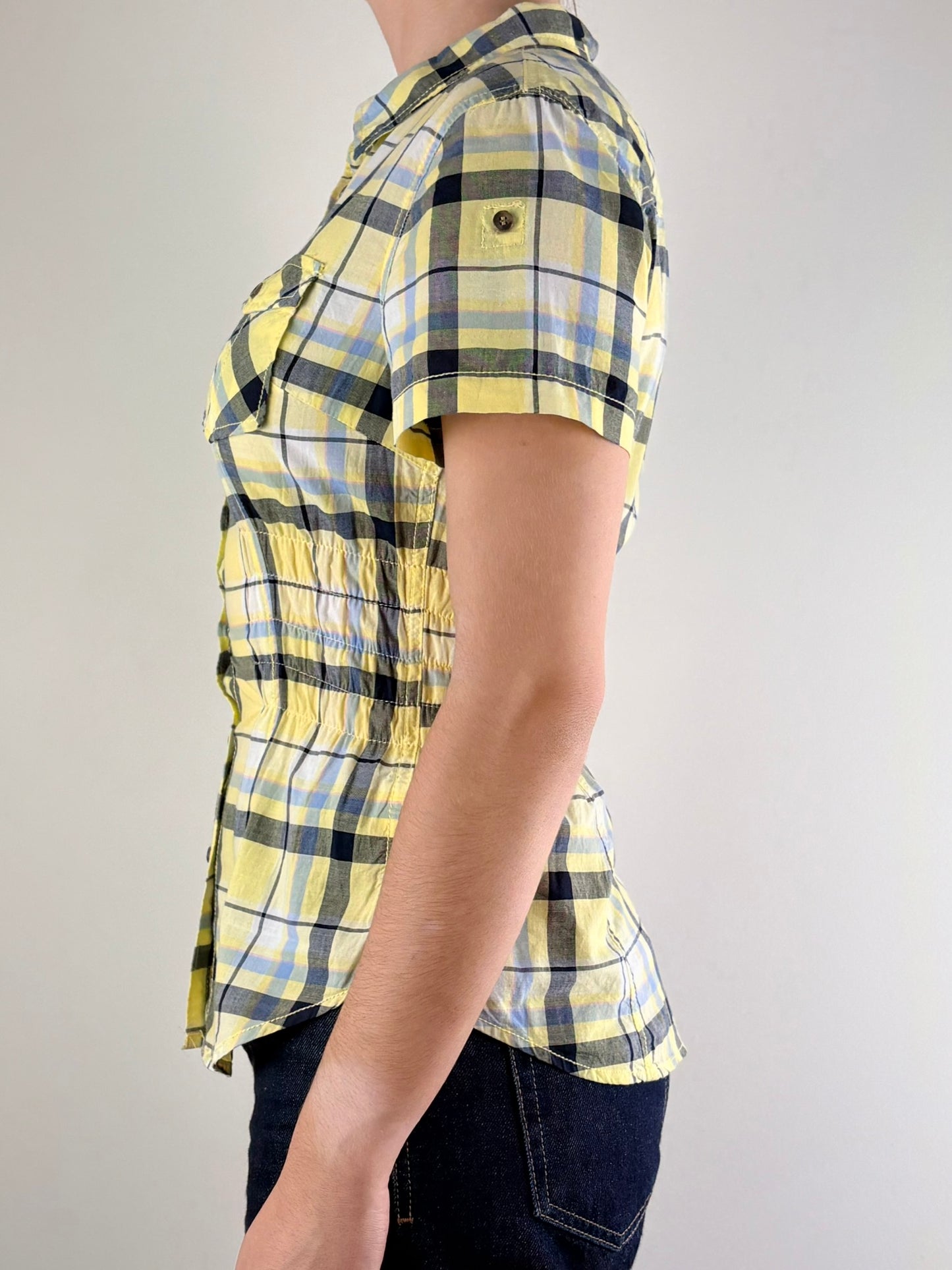  Green & Yellow Plaid Ruched Top